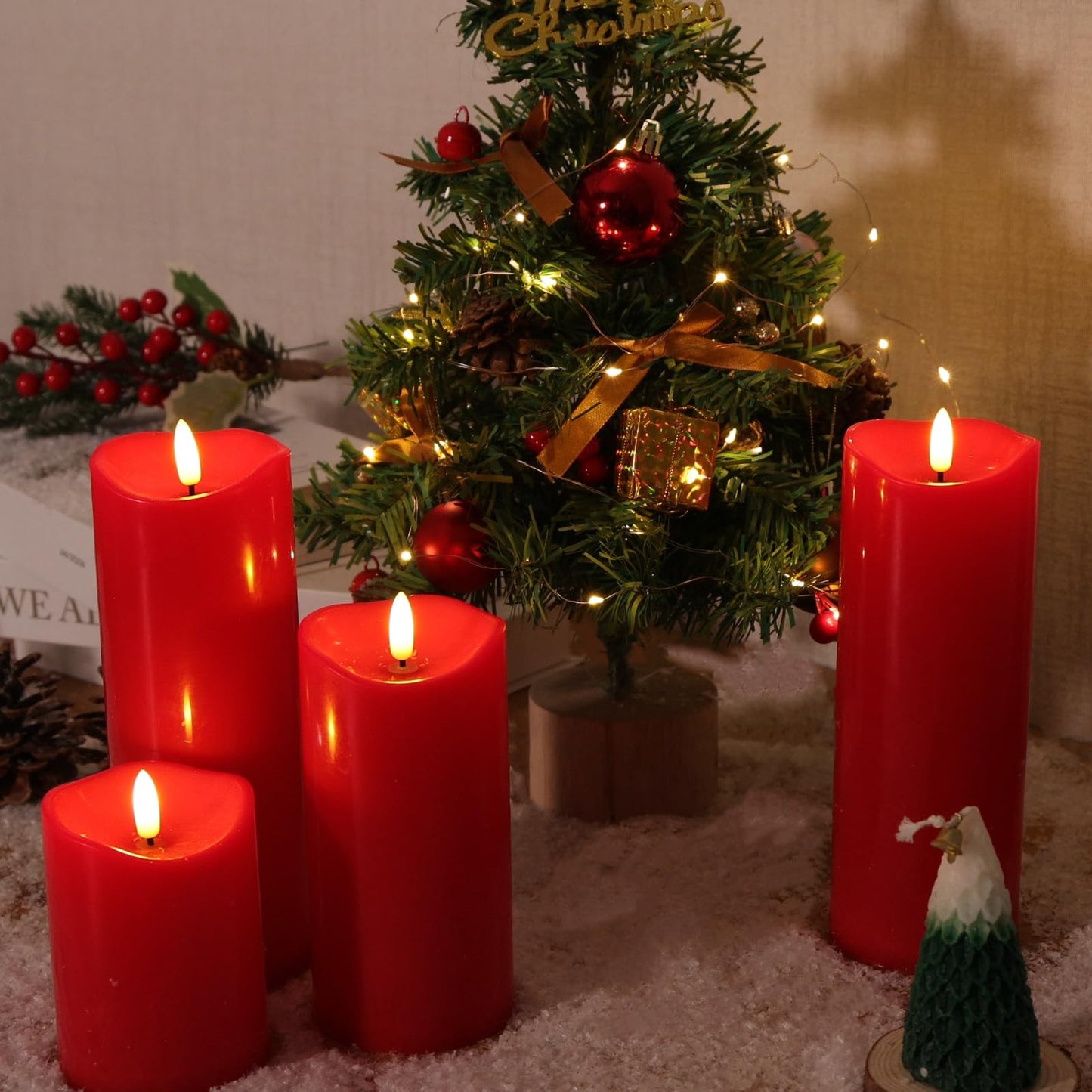 NURADA Outdoor Flameless Candles with Remote Timer - Waterproof Realistic Flickering LED Pillar Electric Battery Operated Fake Candle for Home Wedding Christmas Decor - 3 Pack Red(D3”H4”6”8”)