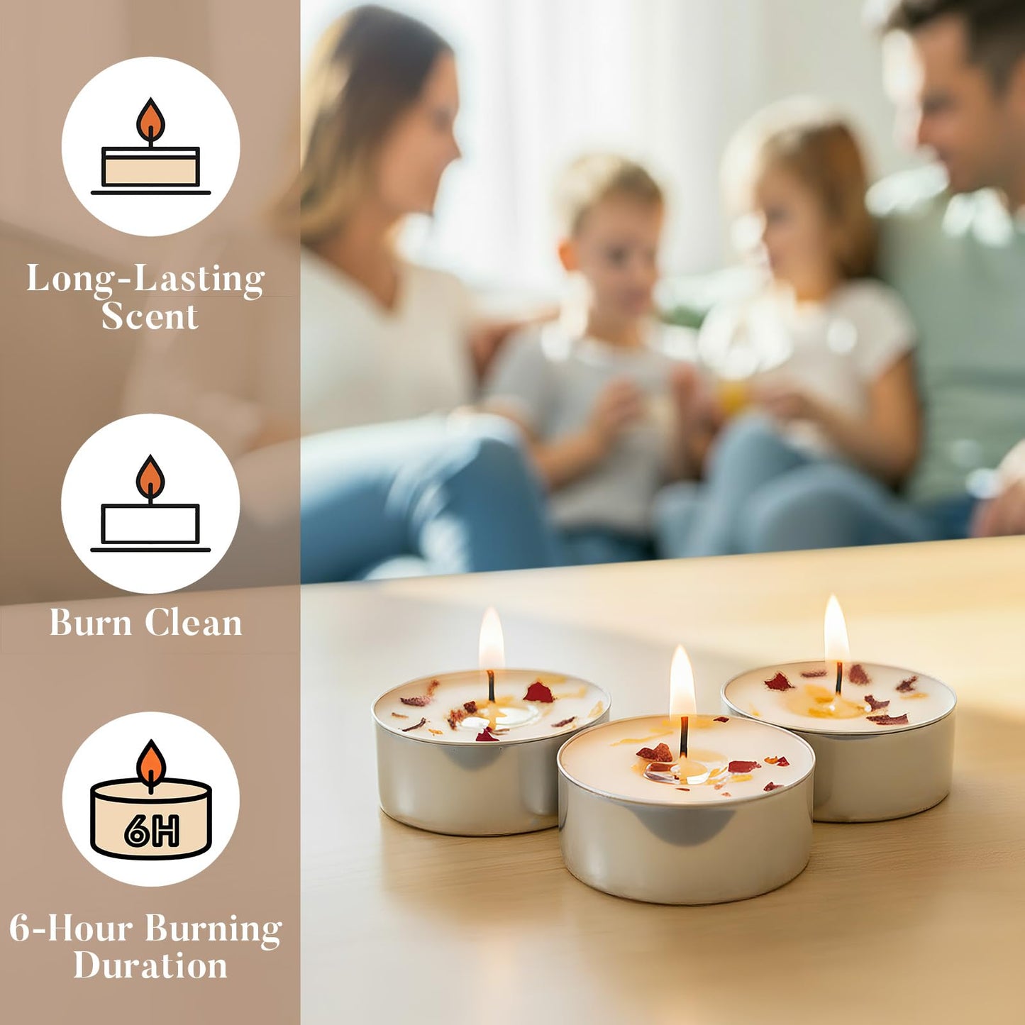 48 Pack Rose Scented Tealight Candles with Real Petals, Natural Soy Wax 6H Burn Time, Non-Toxic Smokeless Scented for Bath, Wedding, Decor