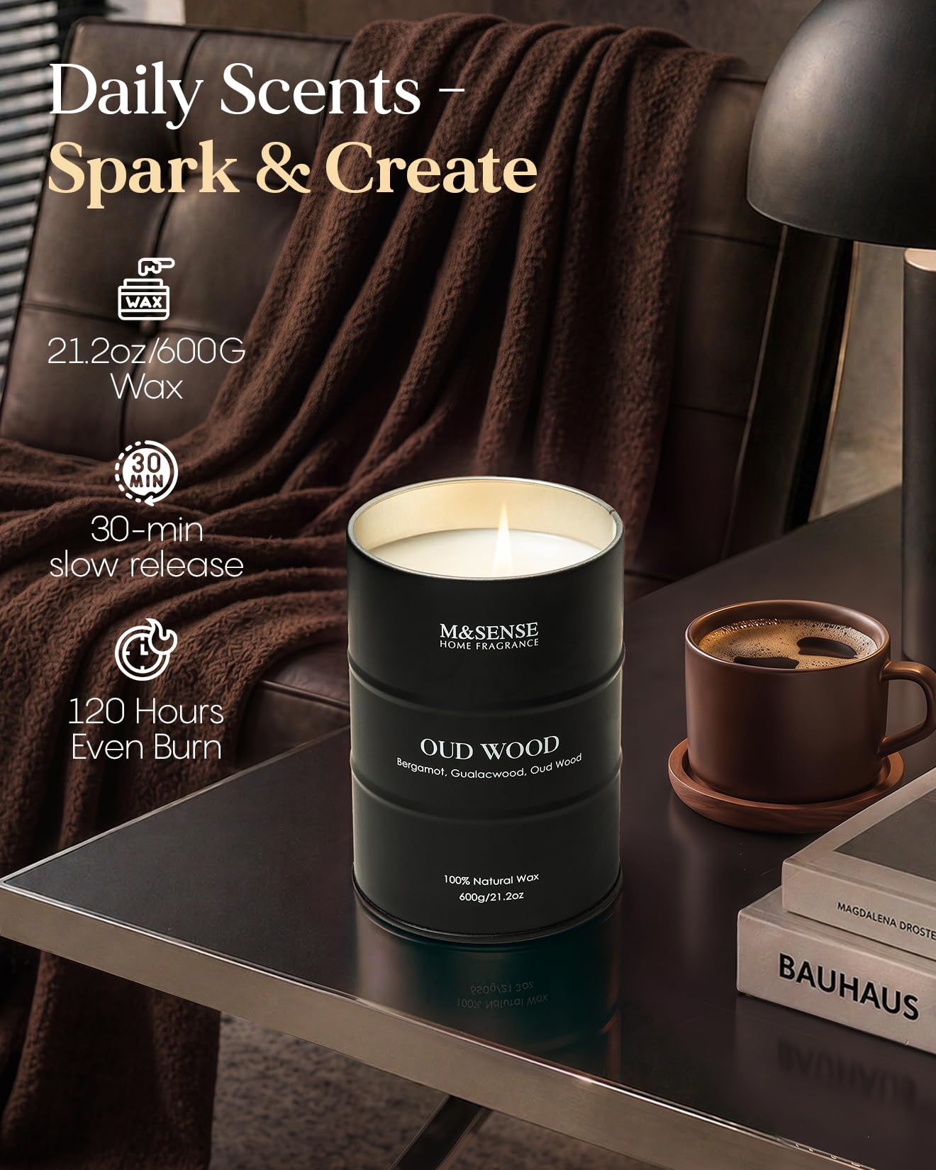 M&SENSE Oud Wood Large Scented Candles Natural Soy Wax, 21.2oz Long Lasting Up to 120 Hours Burning Time, Unique Candle Gifts for Men Women