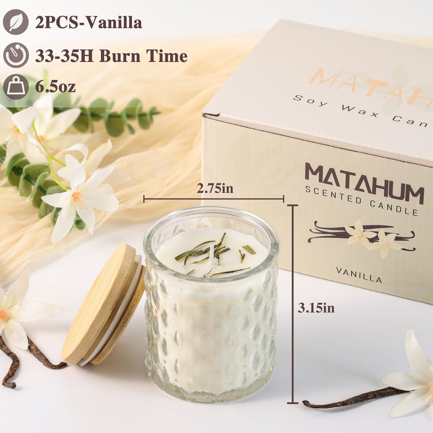 MATAHUM 2 Pack Vanilla Scented Candles for Home Decor, 6.5oz Natural Soy Wax Aromatherapy Jar Candles, Vanilla Candle for Home Scented Relaxing, Birthday Housewarming Giftable for Women Girls and Mom