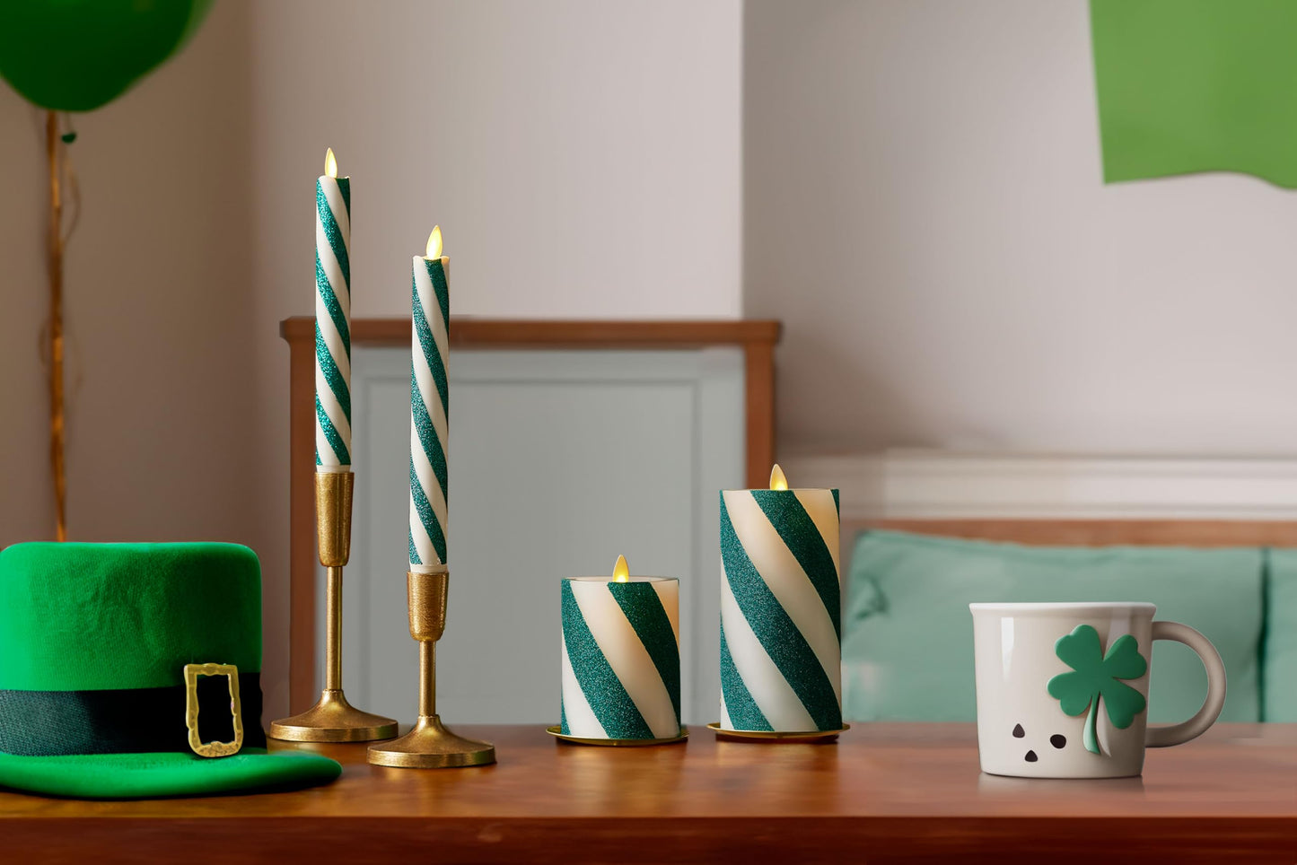 Luminara - Flameless Battery Operated Taper Candle - Candy Cane Green- Pack of 2-1x9.75 - LED Flickering Flame- Realistic Safe for Home Kids and Pets