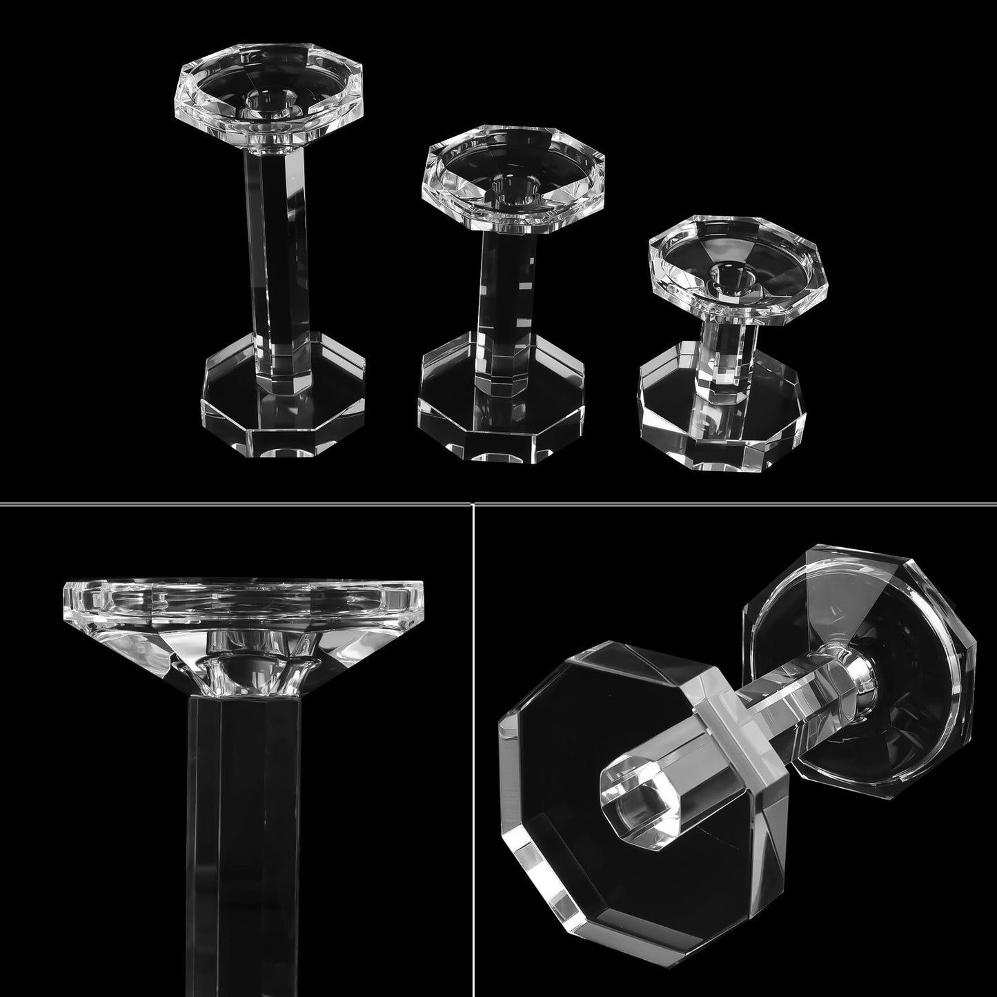 DONOUCLS Crystal Candlestick Holders Set of 3, Clear Crystal Taper/Pillar Candles Holders– Table Centerpieces for Party and Wedding Decoration(4''/6''/8'' Tall)