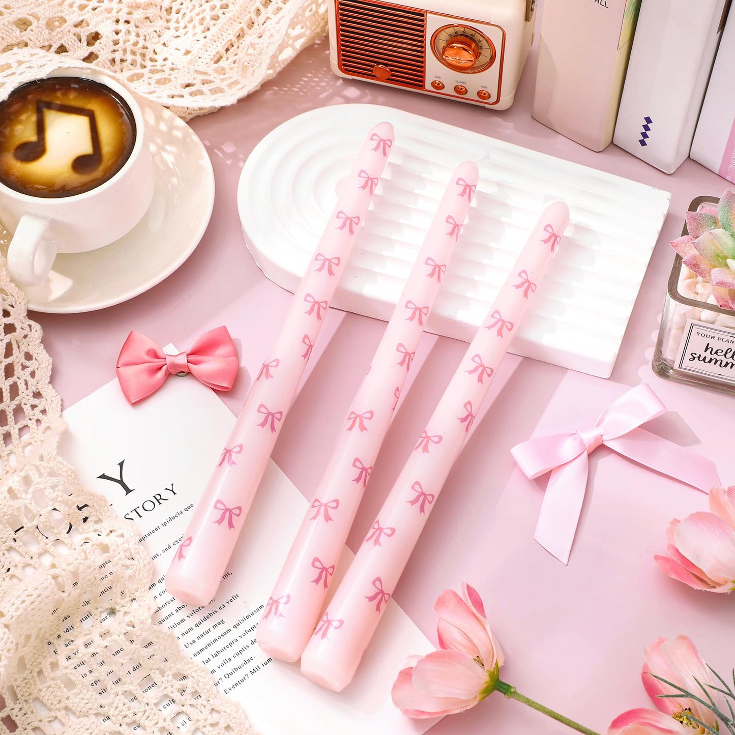 JarThenaAMCS 6Pcs Valentine's Day Taper Candles 10 Inch Pink Bow Decorative Candles Long Unscented Candle Sticks for Holiday Birthday Wedding Baby Shower Party Home Table Decor