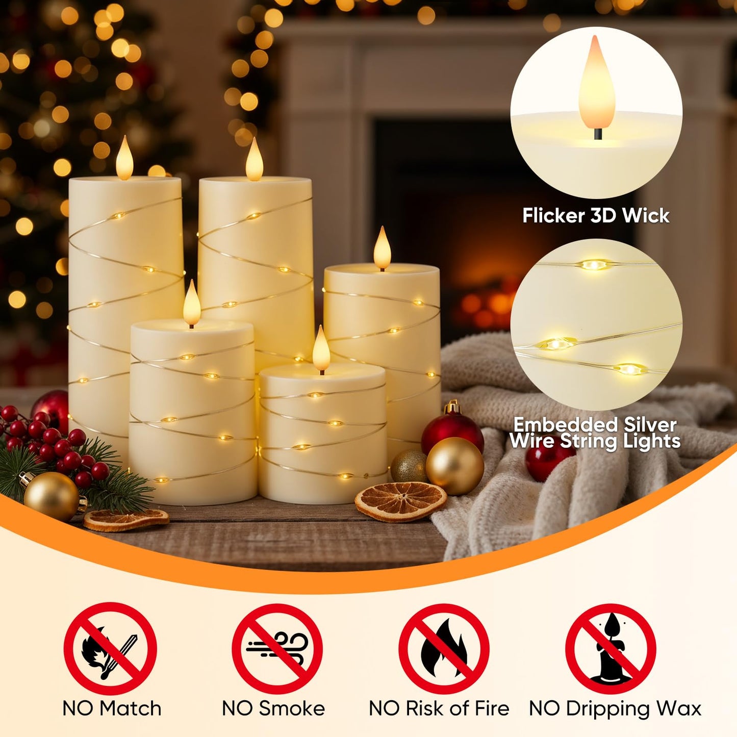 Raycare Flameless Candles with Remote Timer, Flickering Battery Operated LED Pillar Fake Candle with String Lights for Home Decor, Christmas, Wedding and Gift, Ivory, Set of 5