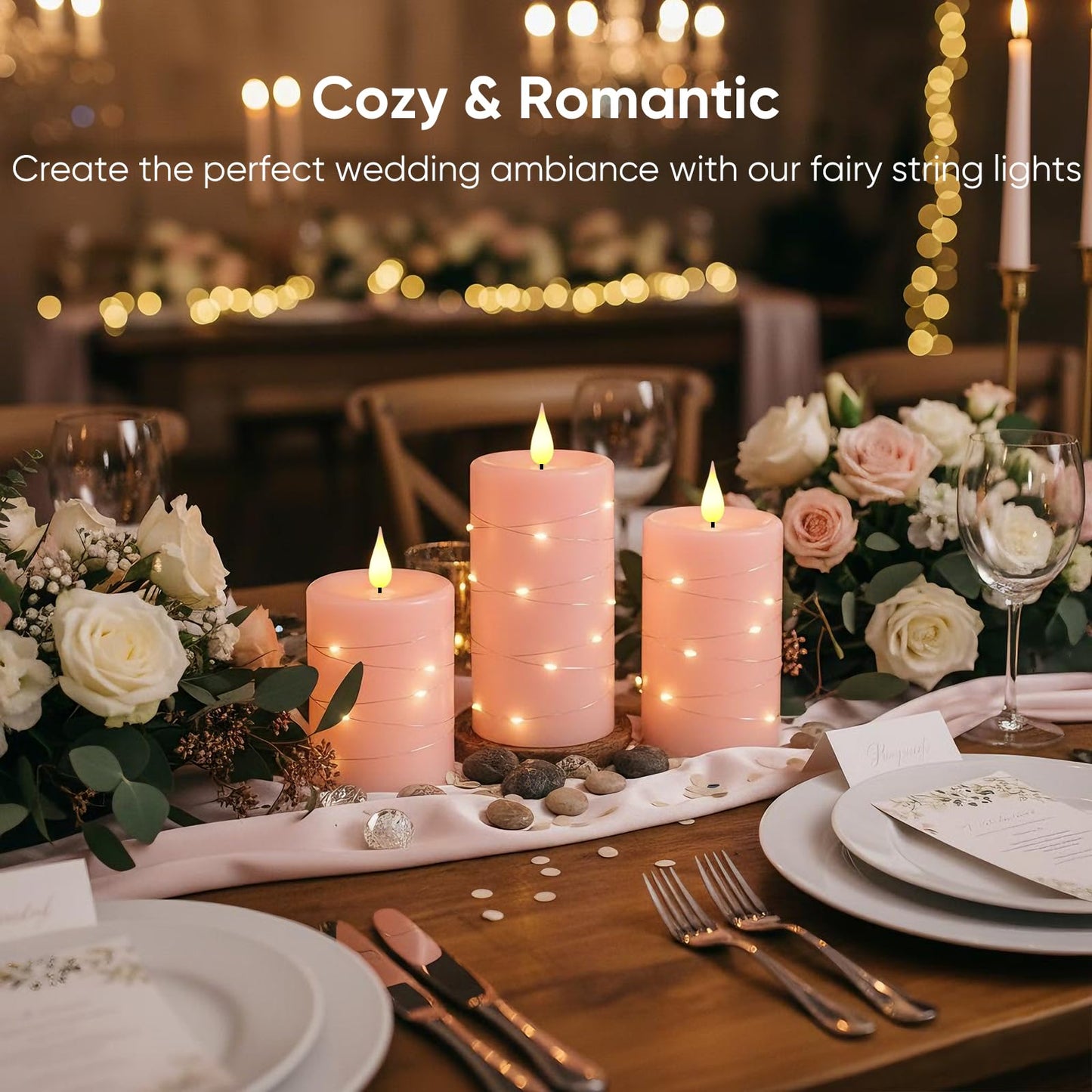 Amagic Flameless Candles with Embedded String Lights, 11-Key Remote & Timer, 3D Wick Real Wax Battery Operated Flickering Led Pillar Candles for Home, Lantern Decor, Set of 3, Pink