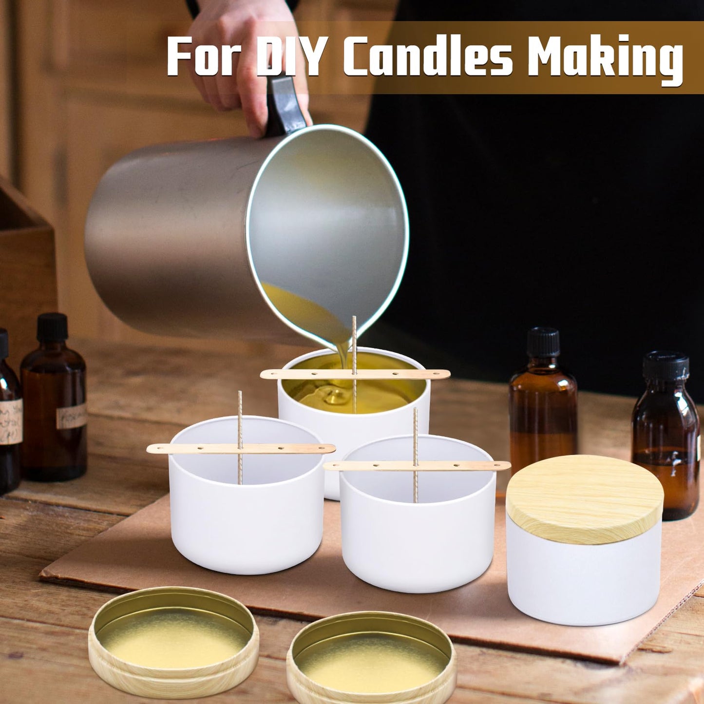 YJHSS 48-Pack Candle Jars, 24pcs 8oz + 24pcs 4oz Candle tins with Metal Wood-Grain Printing Lids, Empty Candle Jars for Making Candles Bulk Candle Containers-White