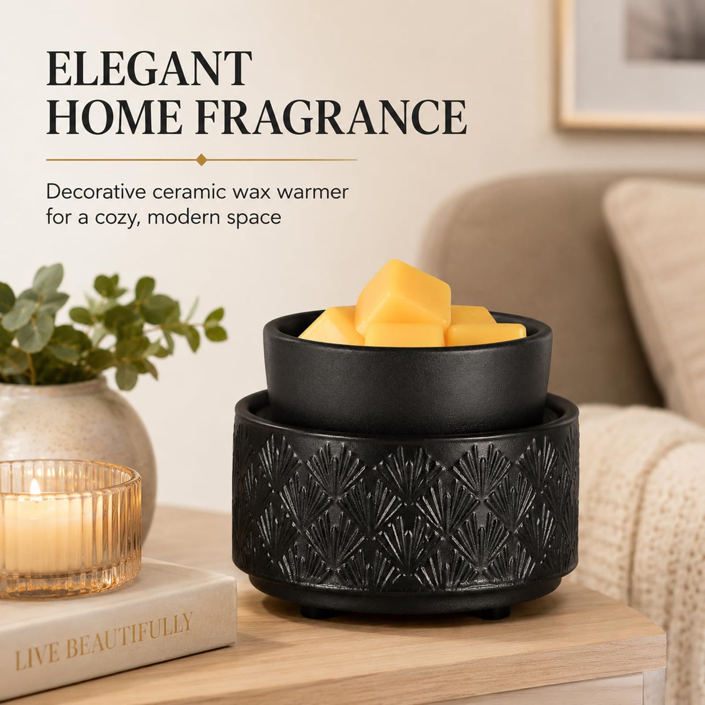 Mocosa Ceramic Wax Warmer Wax Melt Warmer for Scented Wax 3-1 Electric Candle Warmer Home Fragrance Wax Burner Perfect Christmas Gifts for Mom Women(Black-Fan Shaped)