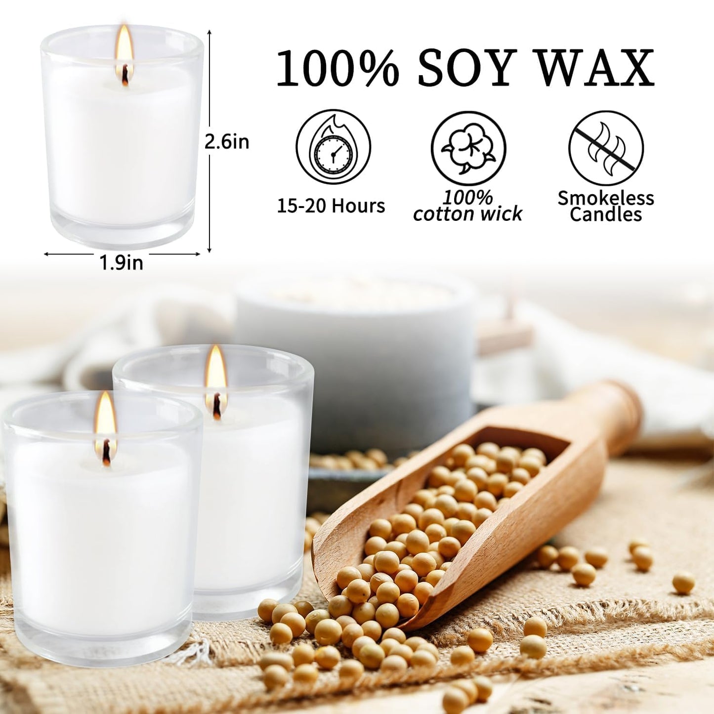 Wfmolcand 20 Pack Unscented White Clear Glass Filled Votive Candles | Soy Wax, Smokeless, Hand Poured Wax Candles Ideal for Aromatherapy, Spa, Weddings, Birthdays, Holidays & Party Decor