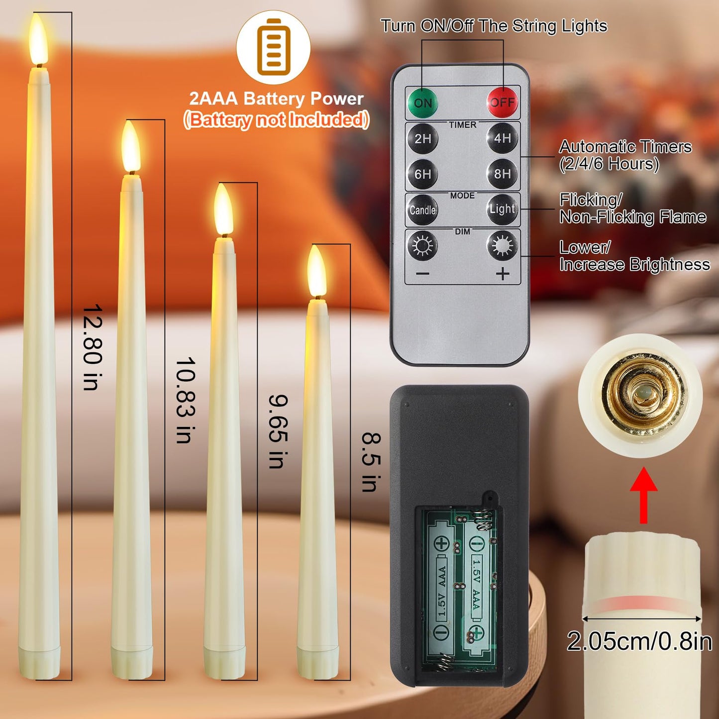 Rossesay 28 Pcs Flameless Taper Candles with Timer Remote 4 Sizes of 8.5", 9.6", 10.83", 12.8" LED Flickering Taper Candles Battery Operated for Valentine's Day Church Wedding Home Decor(Warm White)