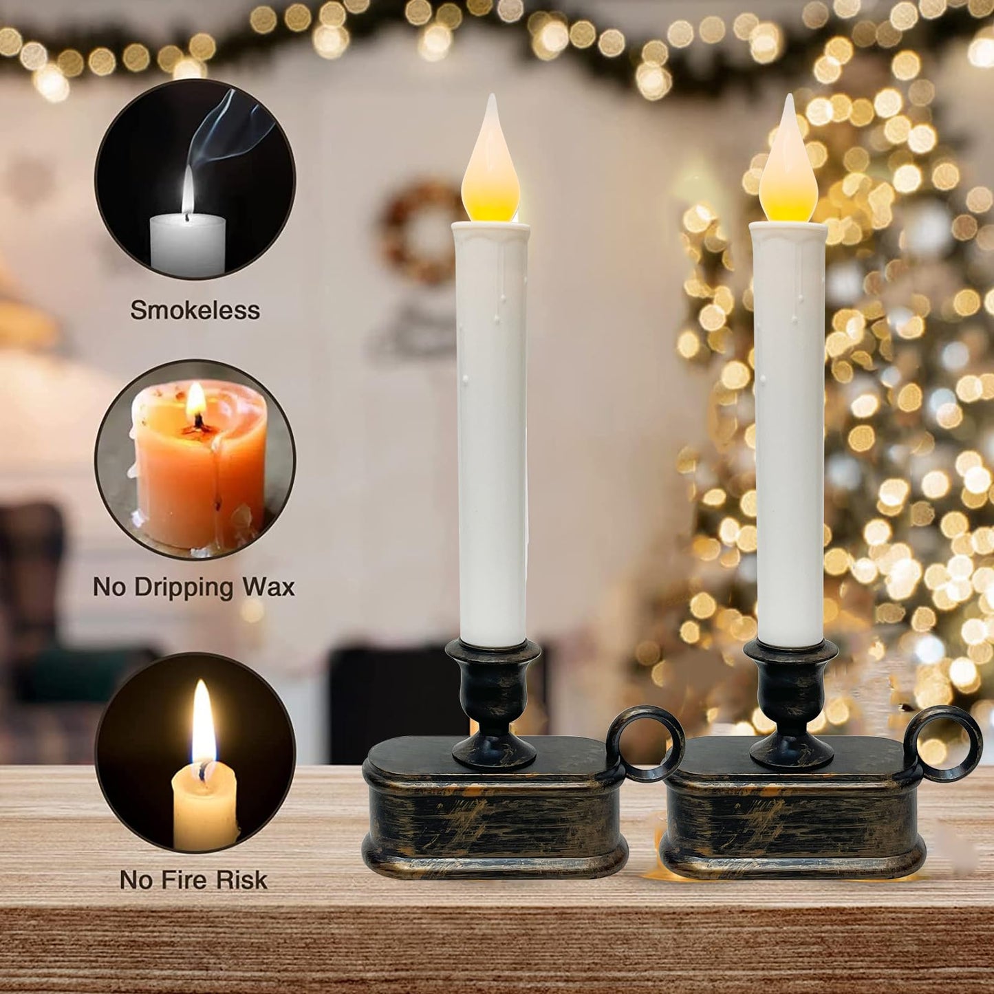 4 Pcs Christmas Window Candles with LED Electric Candles Flickering Lights, 10 Inch Battery Operated Candle with Sensor Dusk to Dawn for Table Party Christmas Decoration,Bronze Base