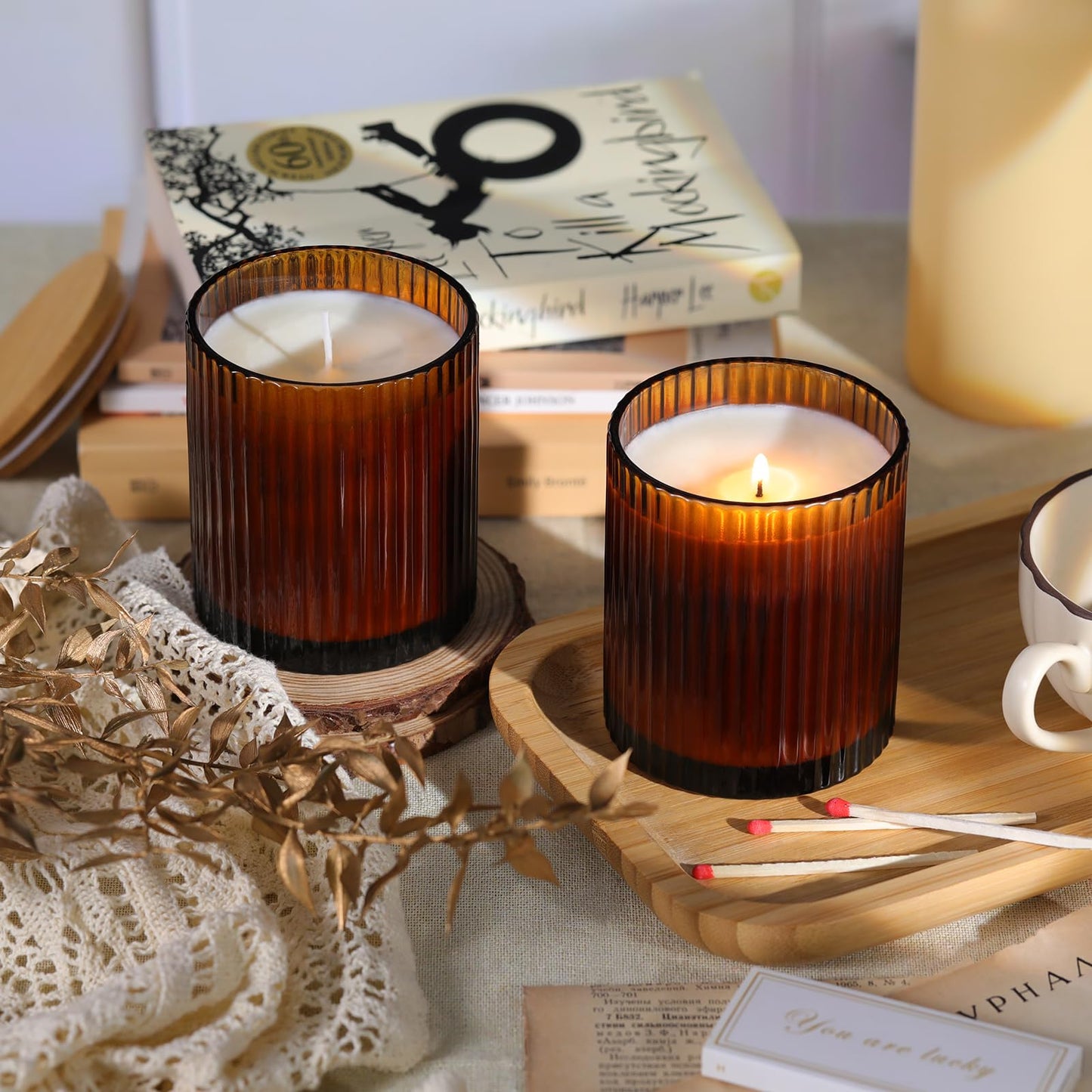 sunnyfuture 10 OZ Amber Candle Jars for Making Candles Set of 8, Ribbed Glass Candle Jars with Wood Lids and Labels, Candle Containers for DIY, Gifts, Home Decoration