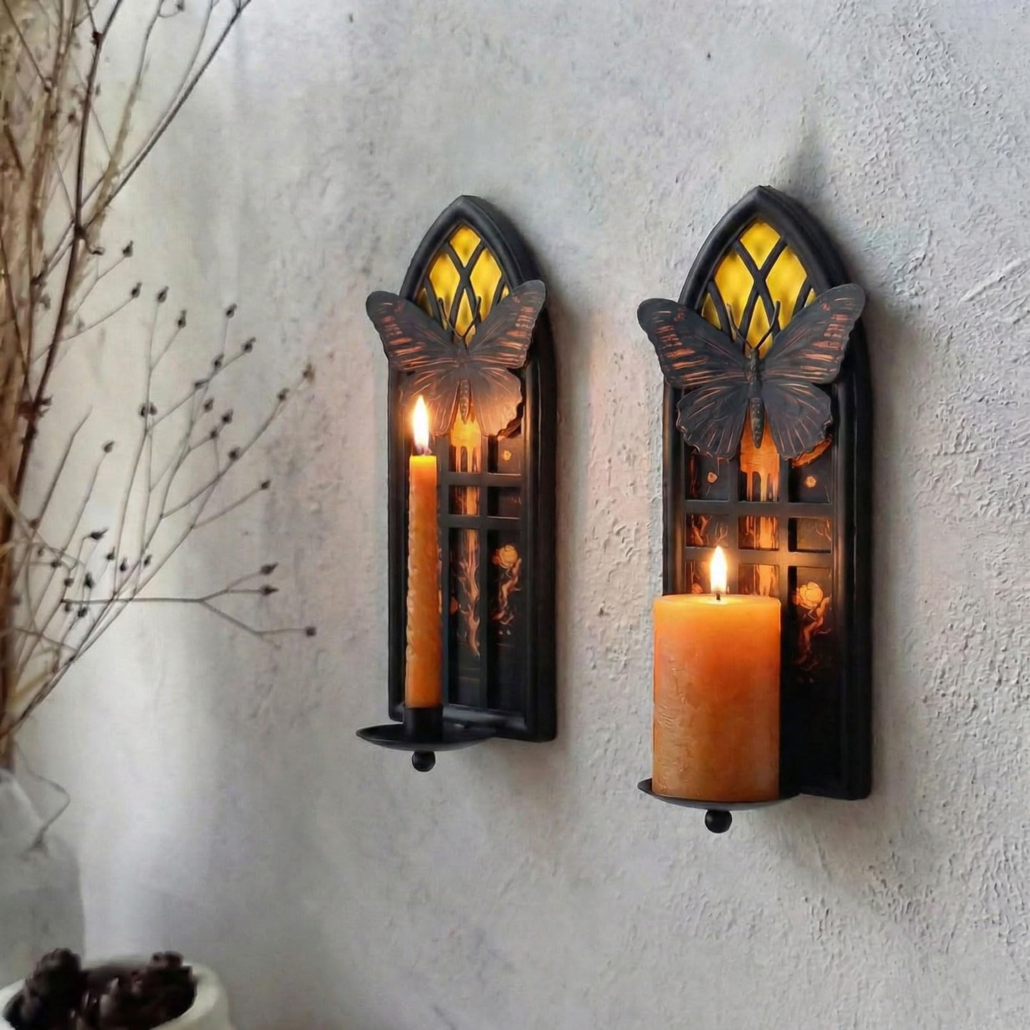AimtoHome Gothic Wall Candle Sconces Set of 2, Butterfly and Moon Iron Wall Mounted Candelabra Holder with Removable Trays for Taper & Pillar Candles, Romantic Garden & Boho Home Decor