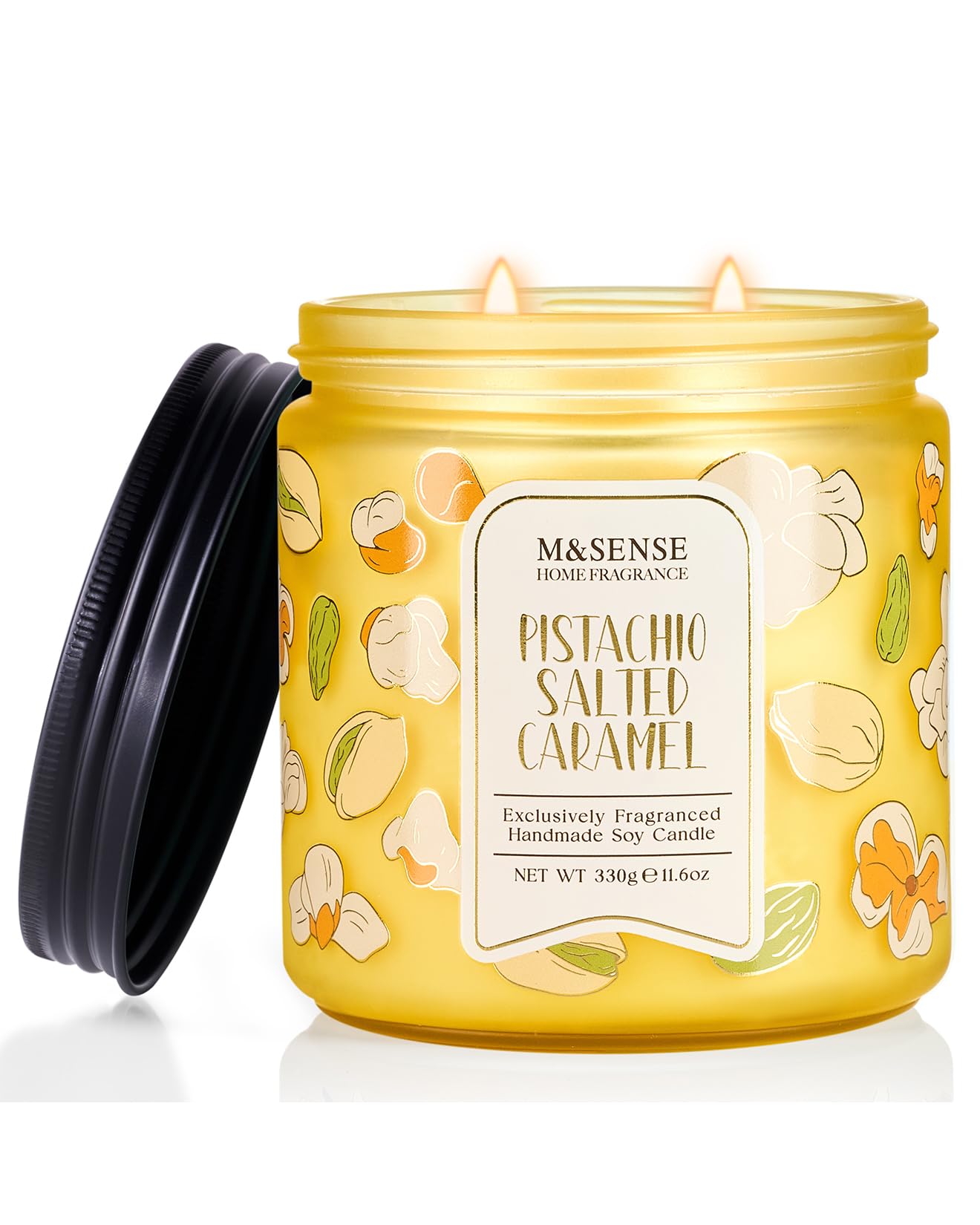 M&SENSE Pistachio Caramel Scented Candle, 11.6oz Natural Soy Wax Non Toxic, 2 Wick Jar Candle, Up to 70 Hours Clean Burn, Housewarming Gift for Women, Nutty Sweet Aroma for Home Office Comfort