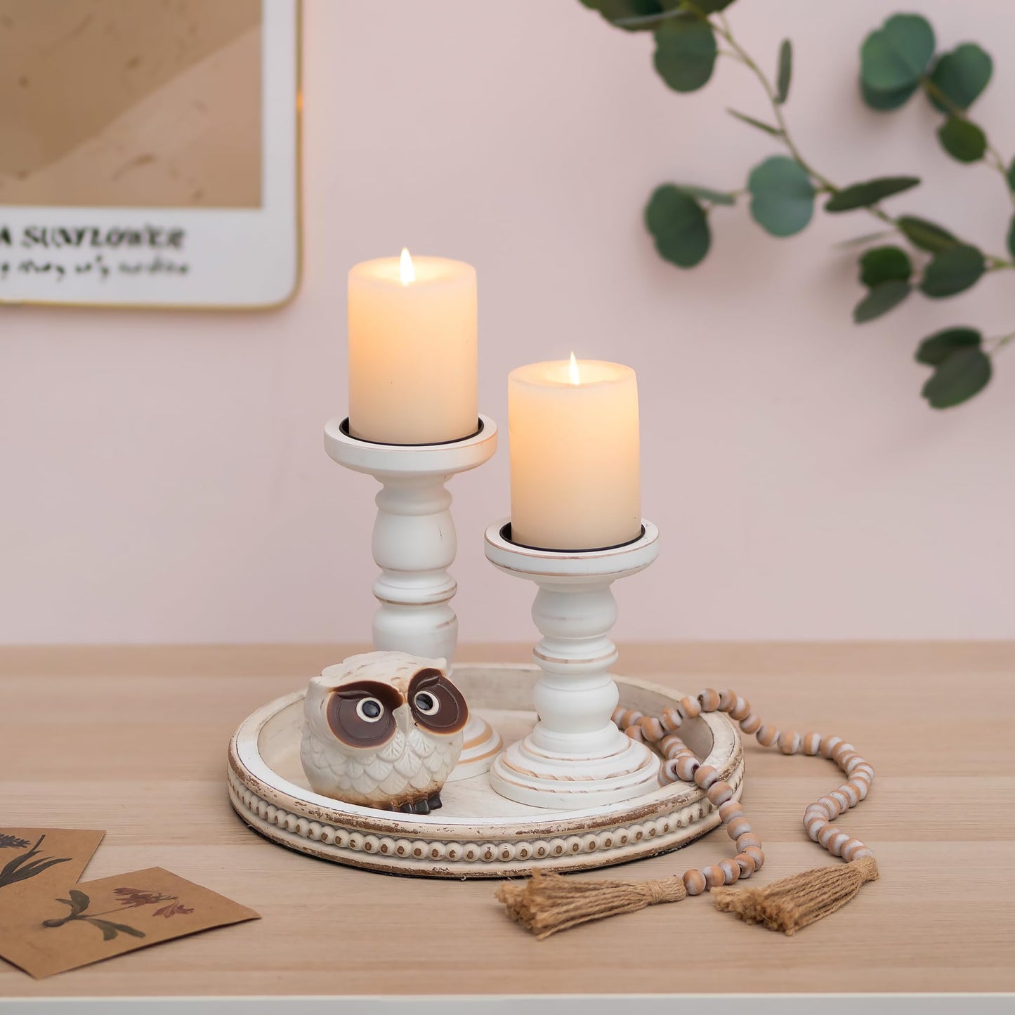 Farmhouse Wood Tray Candle Holder - Romadedi Bead Round Wooden Decorative Tray for Coffee Table Decor Serving Trays Kitchen Counter Rustic Centerpiece for Living Room Home Organizer, White Washed