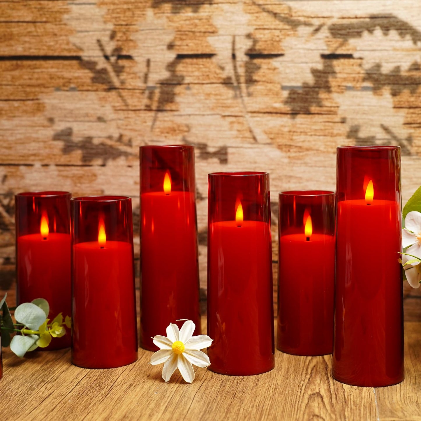 kakoya Flickering Flameless Candles Battery Operated with Remote and 2/4/6/8 H Timer Plexiglass Led Pillar Candles Pack of 9 (D2.3 xH5.5 6.5" 7.5") with Realistic 3D Wick Candles for Home Decor(Red)