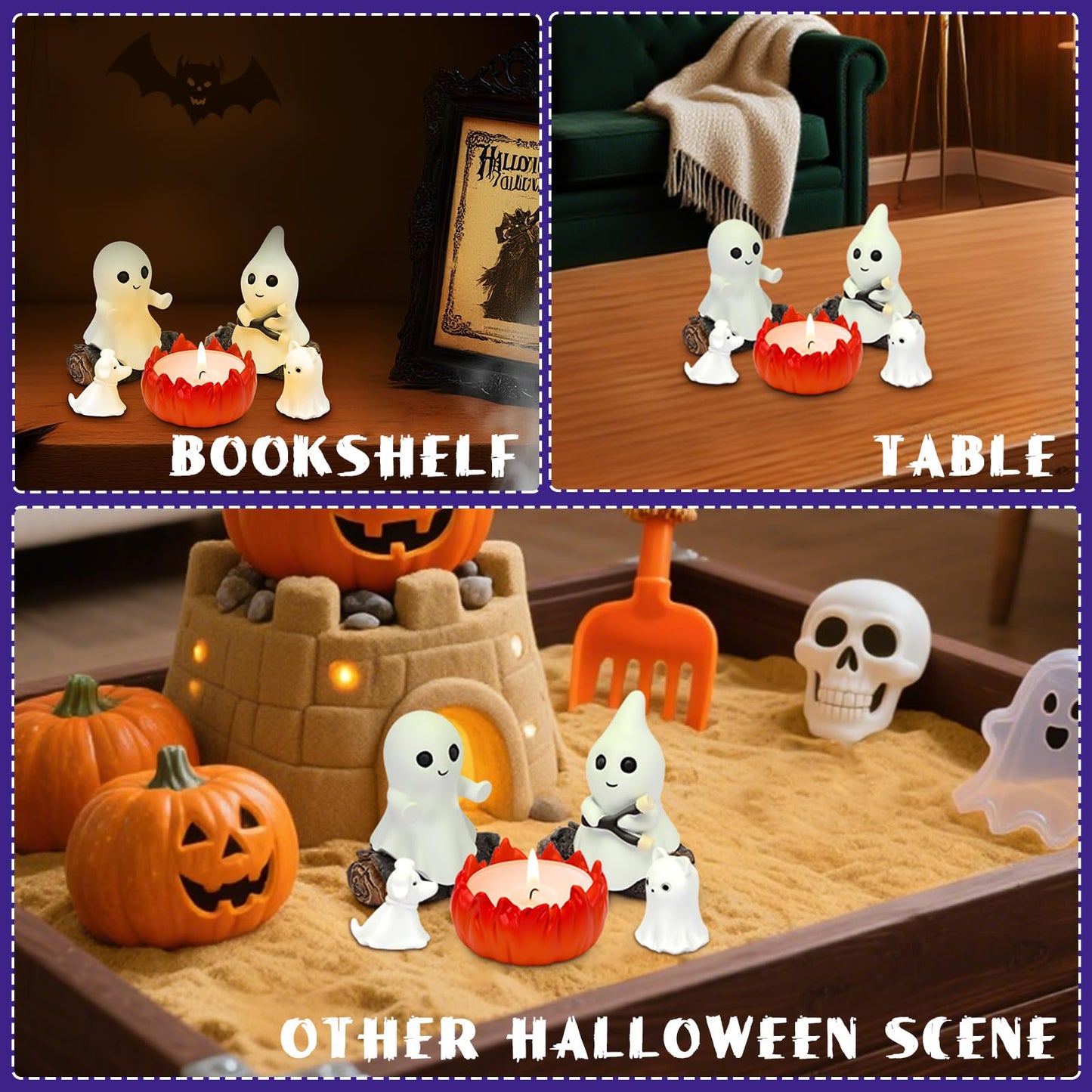 JULEASEL Glow-in-The-Dark Ghost Campfire Gathering, Cute & Cozy Halloween Ghost Figurine Set | 2 Ghosts, Ghost Dog, Ghost Cat and Tea Light Holder | Resin Ghost Statue for Home, Mantel, Shelf, Desk