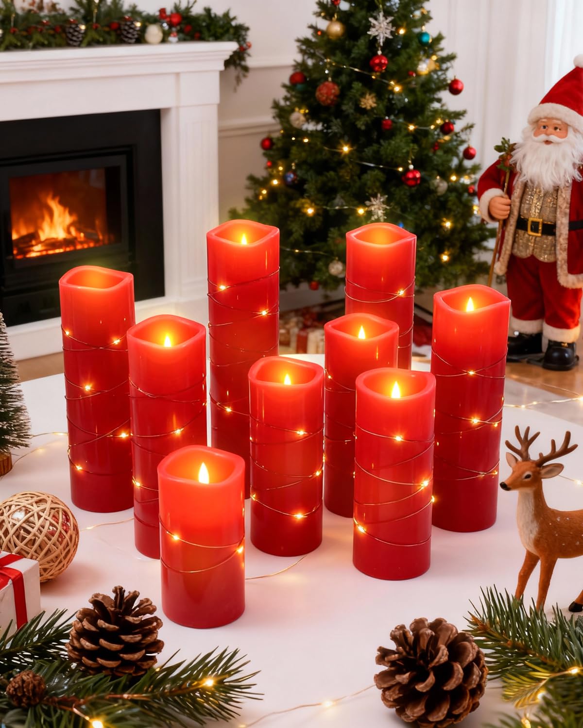 Red Flameless Pillar Candles with String Lights – 9 Pack Real Wax LED Candles, Remote Controlled with 2/4/6/8H Timer, Each Uses 2 AA Batteries (Not Included) for Christmas & Holiday Home Décor