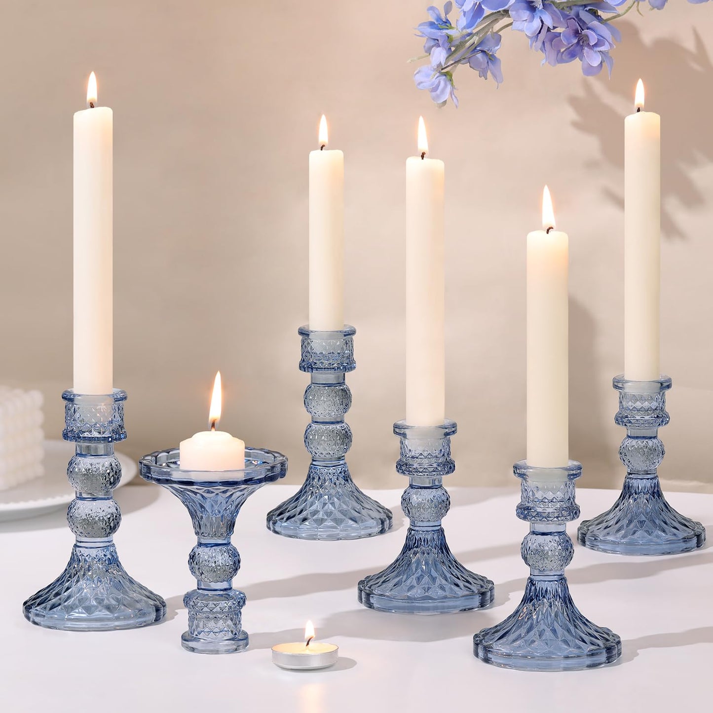 DARJEN Blue Glass Candlestick Holders Set of 6, 4" H & 5" H Taper Candle Holders for Candlesticks & Pillar Candles, Diamond Candle Holders for Wedding Party Table Centerpiece, Home Decor