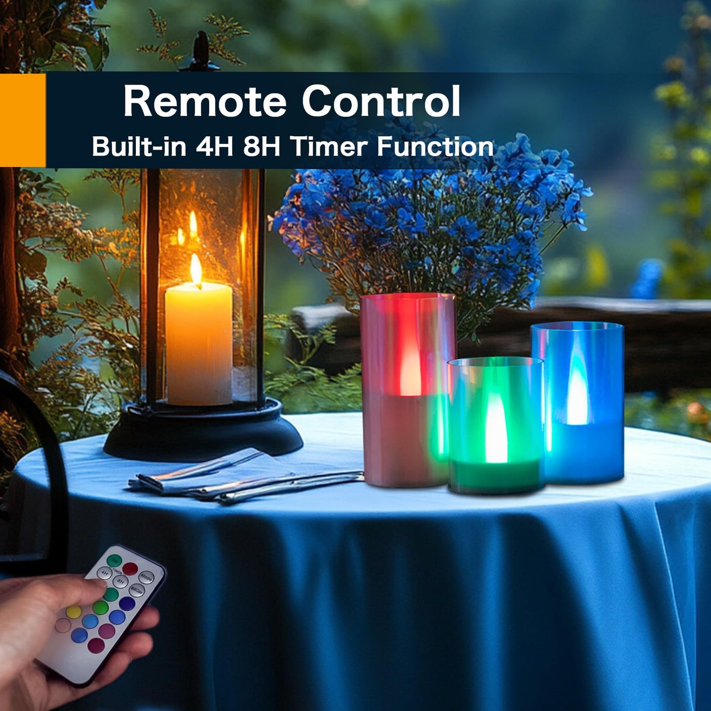 LANKER Flameless Candles with Remote Control and Timer, Battery Operated LED Pillar Candles, Romantic Light, Set of 3 (Multi-Color)
