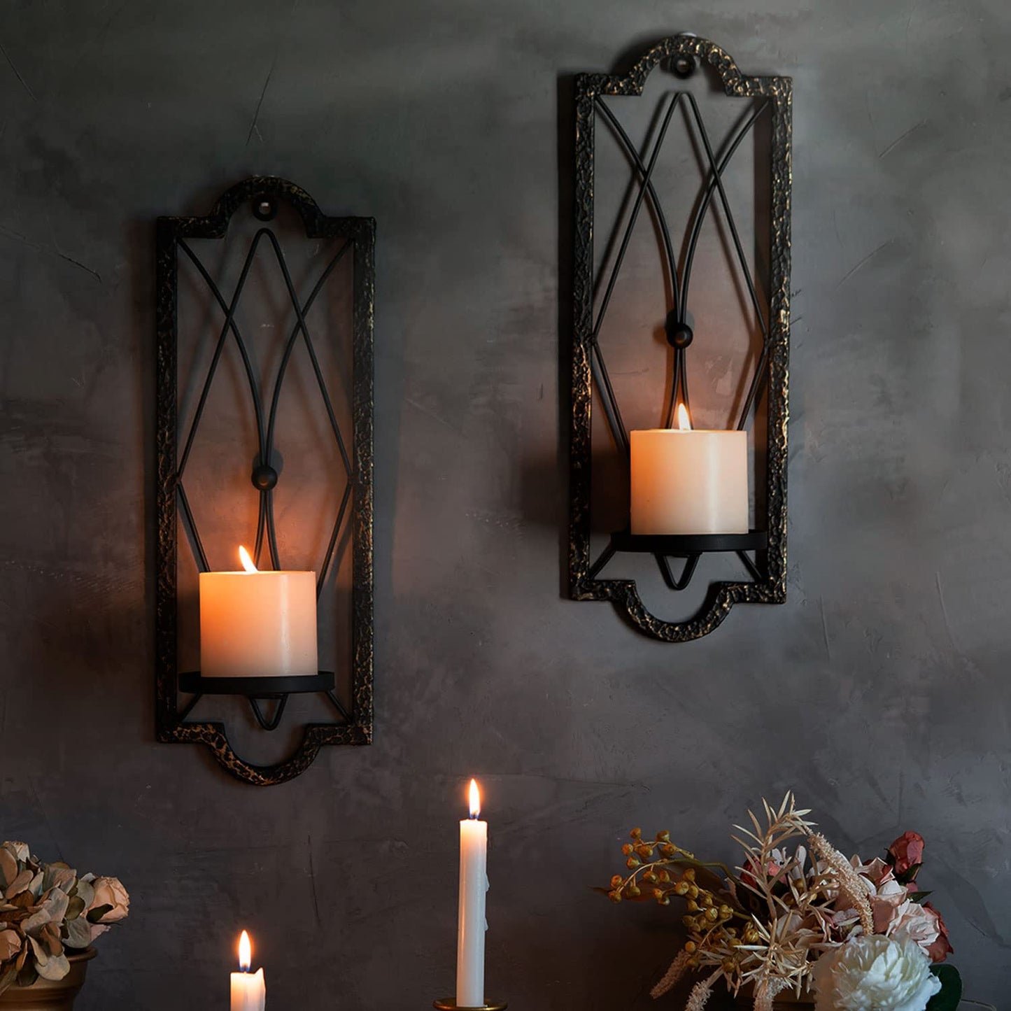 Gothic Candle Sconce Set of 2 -Gold Black Metal Wall Candle Holder-Rustic Home Deco,Dark Academia Decor