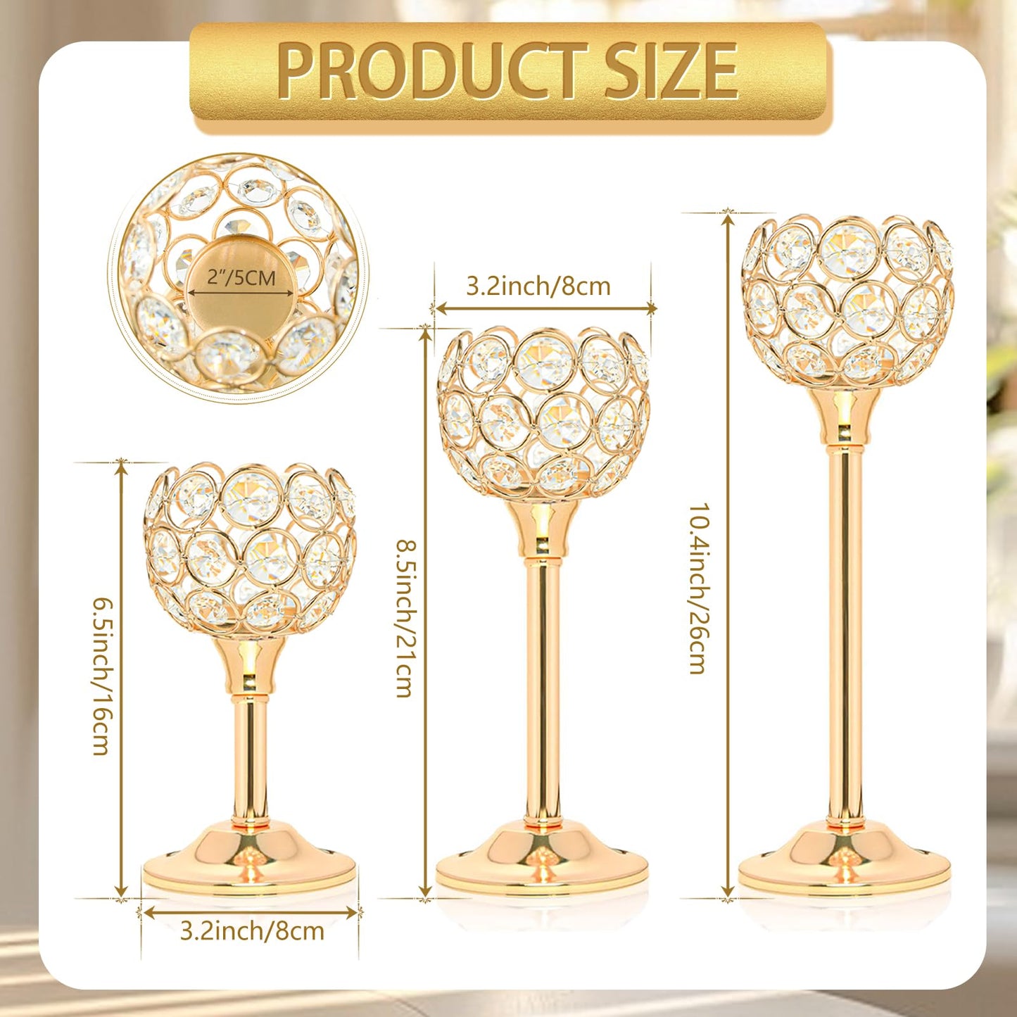 Kehail Crystal Metal Tealight Candlestick, Bling Bowl Candelabras, Tall Crystal Votive Candle Holders Elegant Crystal Candle Centerpiece for Dining Table Wedding Decor (Set of 3, Gold)