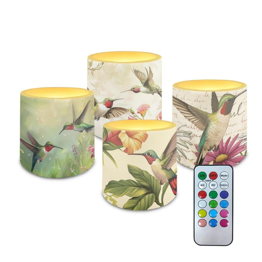 NETILGEN 4 Pieces Flameless Candles with Remote Control Timer Color Vintage Flower Hummingbird Print LED Pillar Candles Battery Operated Candles for Home Party Decor