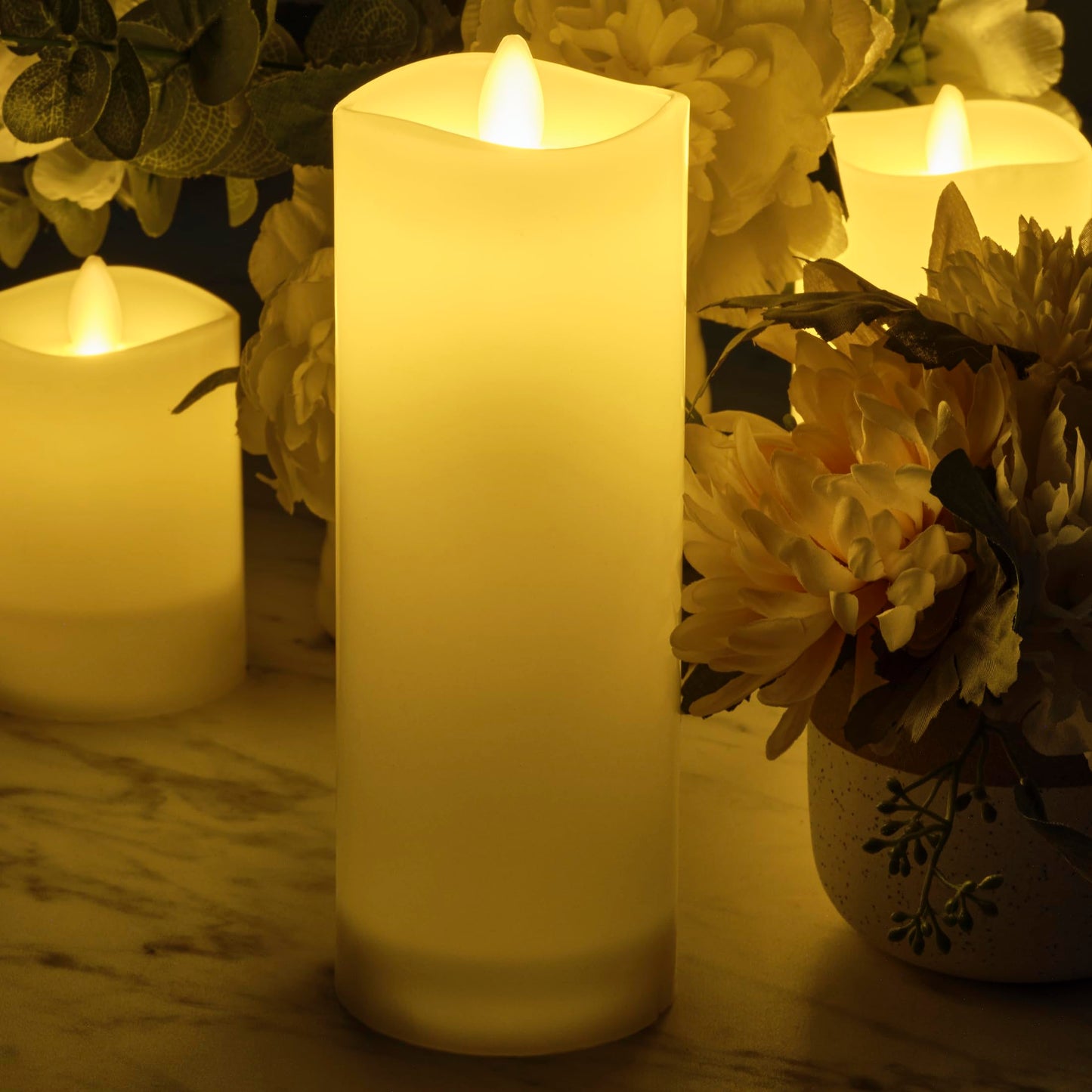 Mikasa LED Wax Pillar Candle, 3 x 8 Inch White Flameless Candle with Dancing Flame Effect, 5-Hour Timer, Battery Operated Real Wax Pillar for Home Decor and Table Decor