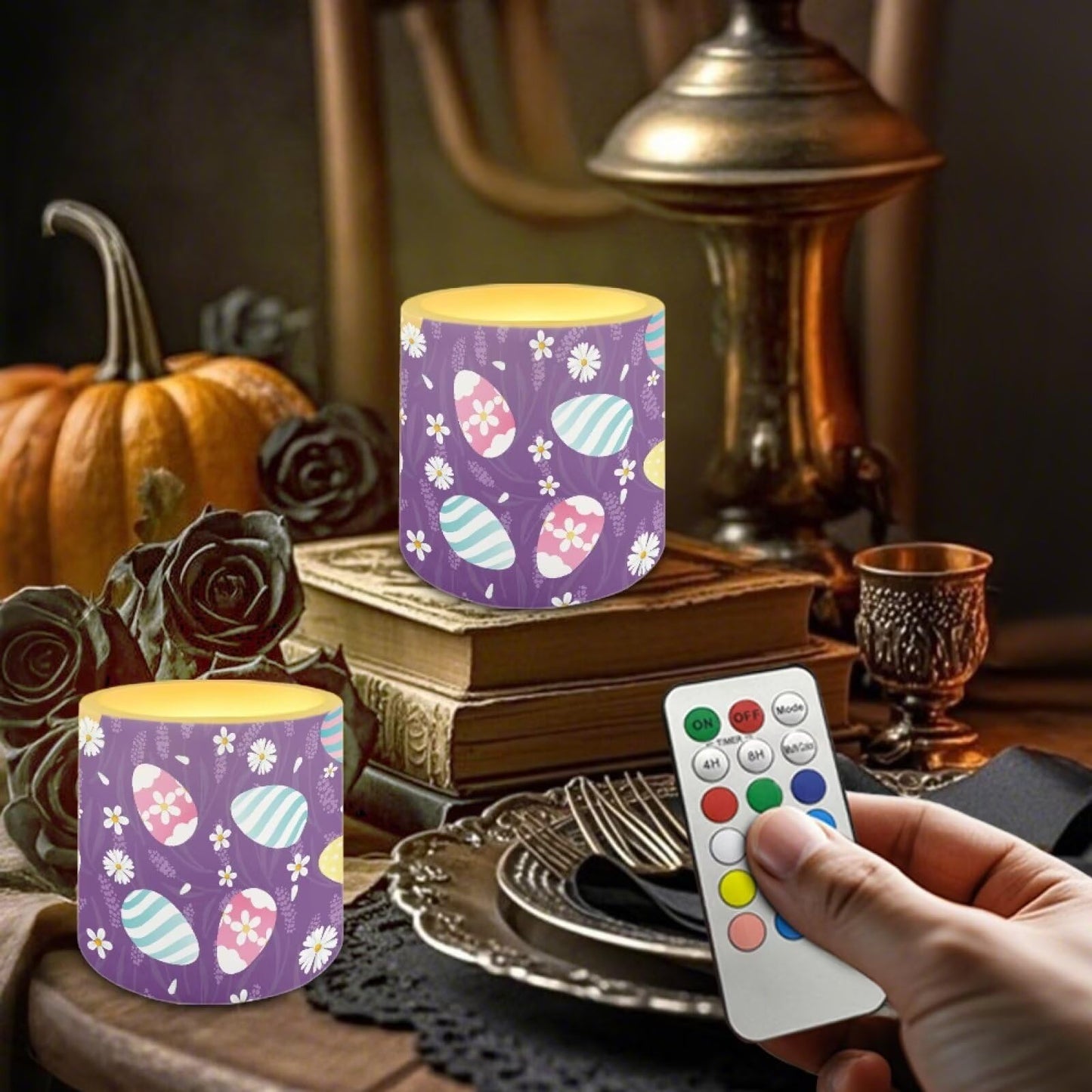 Merkmak Daisy Easter Egg Flameless Candles with Remote Battery Operated Candles with Timer 4 Pack Flameless Pillar Tea Lights Bulk for Indoor Outdoor Easter Day Party Decorations