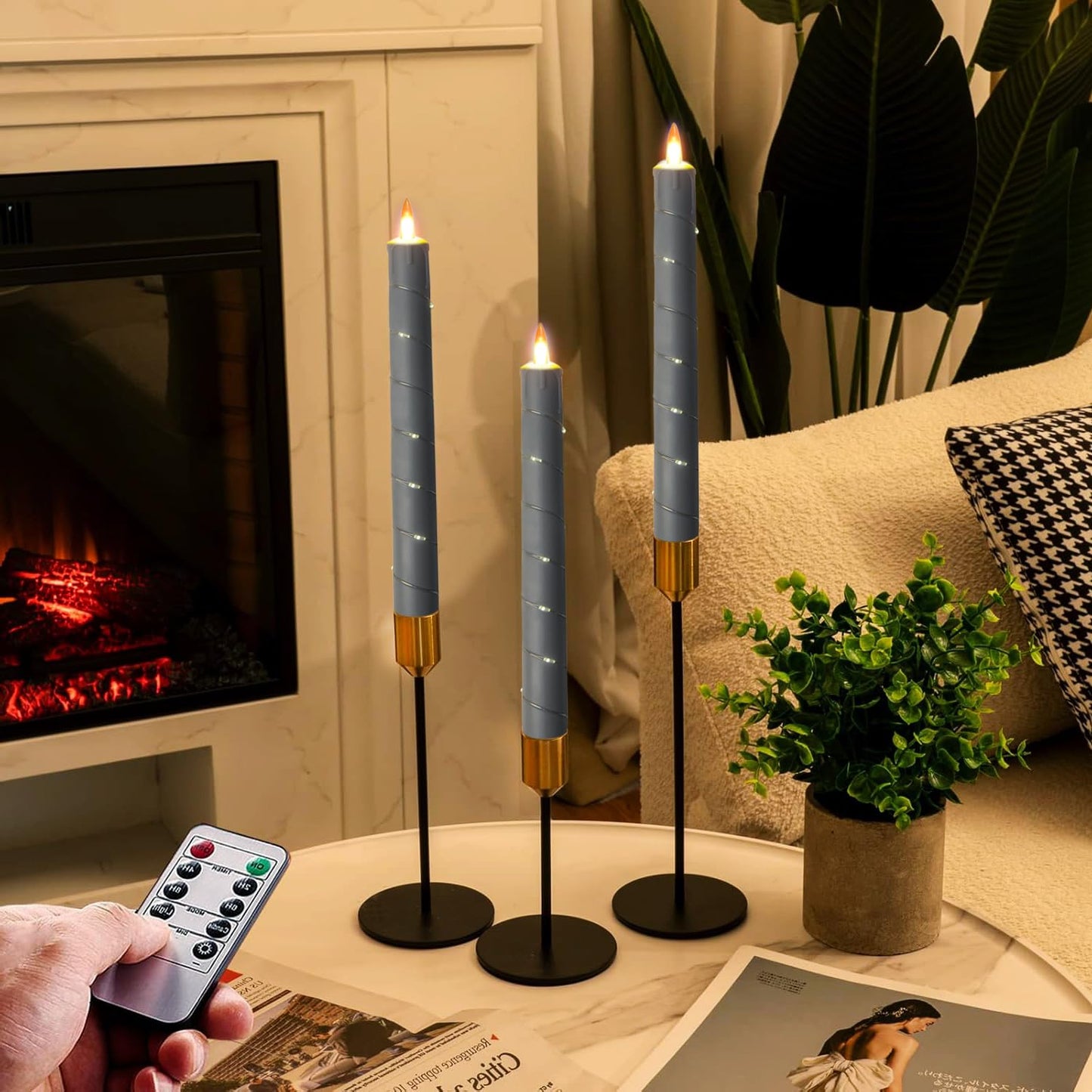 Flameless Candle, (Conical) Patented Starlight String, LED Candle, 11-Key Timing Remote Control, Battery Powered, Dance Flicker Flame, 6 Packs, Christmas Wedding Home Decor(Dark Gray)