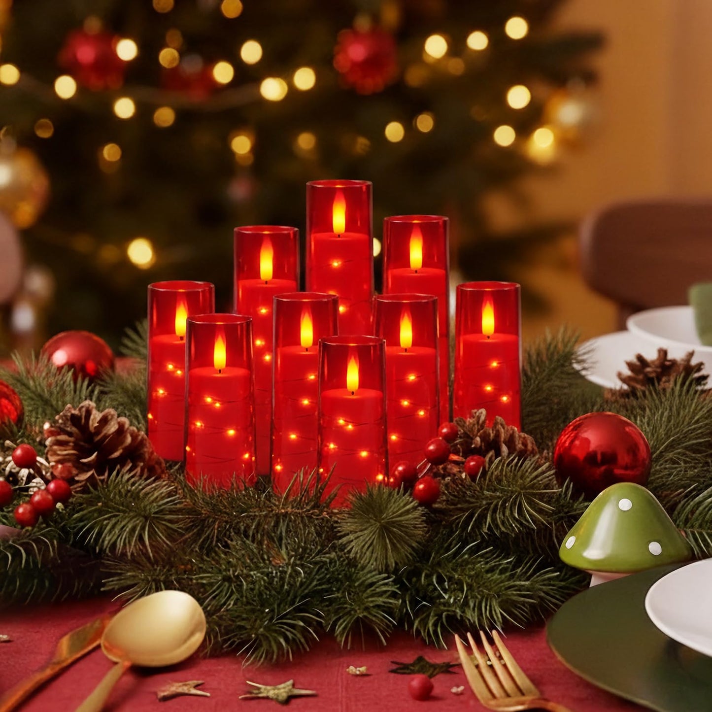 Raycare Independence Day Flameless Candle with Remote Timer – 9 Flickering Acrylic Battery Operated LED Pillar Candles with Embedded Star String for 4th of July Home Patriotic Decor, as a Gift (Red)