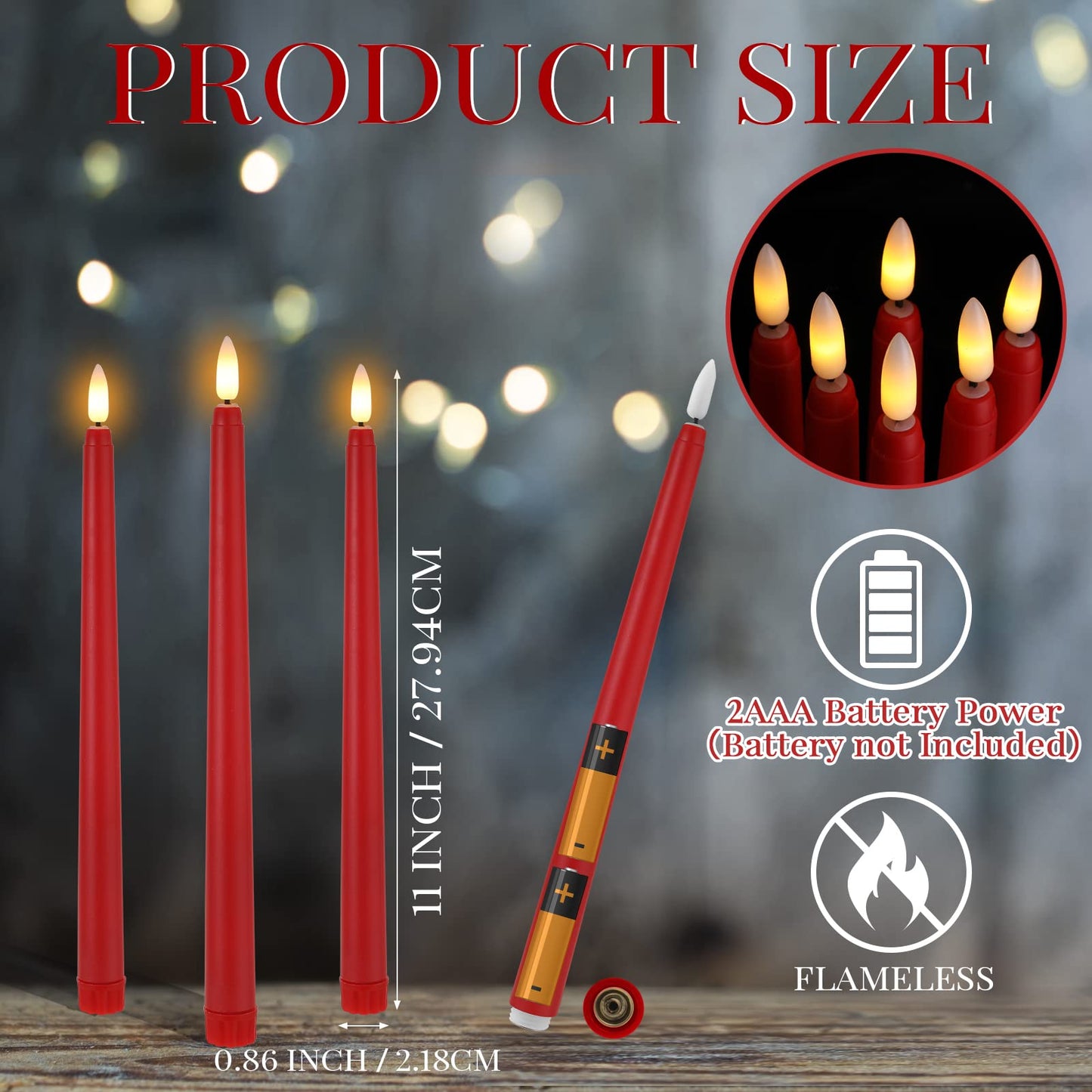 Macarrie 24 Packs Flameless Taper Candles Battery Operated Fake 11 Inch Long Candlelight LED Flameless Candlesticks Flickering Tapered for Spring Summer Wedding(Red)