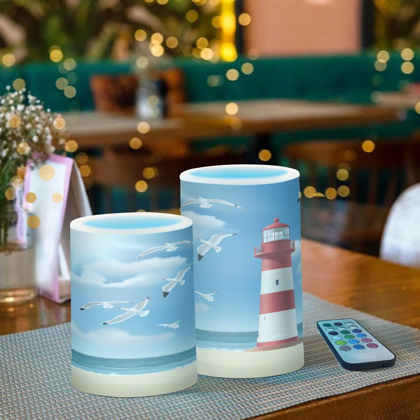 WEVIBOFU Lighthouse Seagull Beach Flickering Flameless Candles LED Battery Operated with Remote Timer Pillar Candles for Home Birthday Wedding Christmas Decor, Set of 2