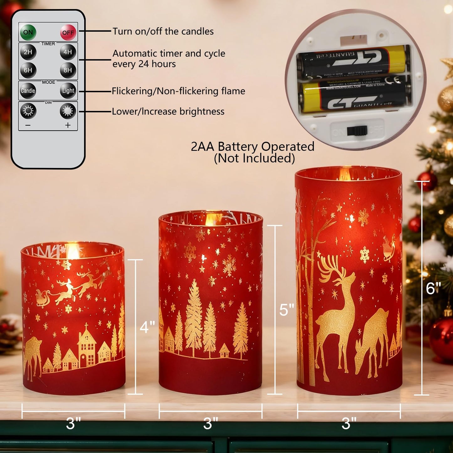 DRomance Christmas Flameless Candles Battery Operated with 10-Key Remote and Timer 3D Wick Flickering Electroplating Glass Reindeer LED Candles Indoor Holiday Decorations(Red, 3" D x 4", 5", 6" H)