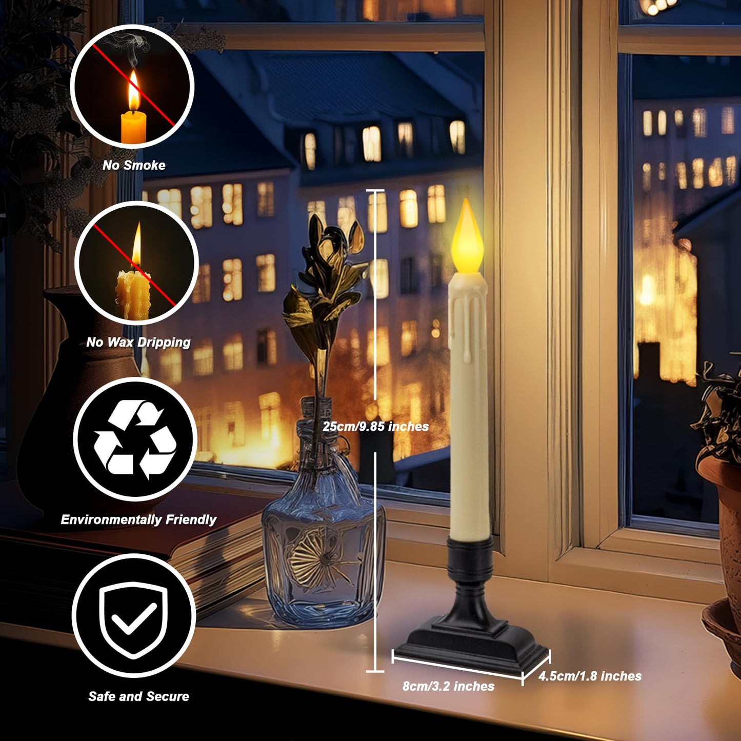 Meigic 6 Pcs Sensor Dawn to Dusk Window Candles, Flickering Battery Candles for Windows, Ultra Bright Fake Candle Lights with Black Holders, Led Candlesticks for Xmas Home Decor, Warm Yellow Light