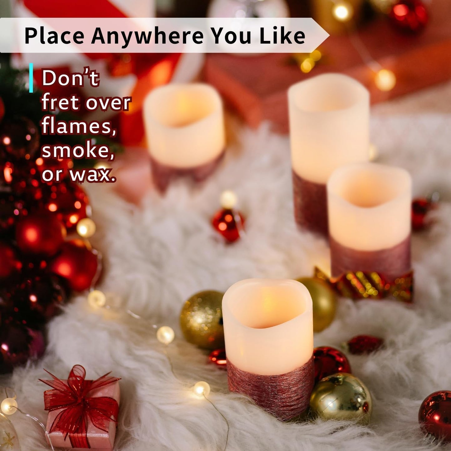 FURORA LIGHTING Red Trim Flameless Candles - Real Wax, Adjustable Brightness, Remote & Timer - 4 Pillars (3x4, 3x6) and 4 Votives, 8-Pack, Battery Operated