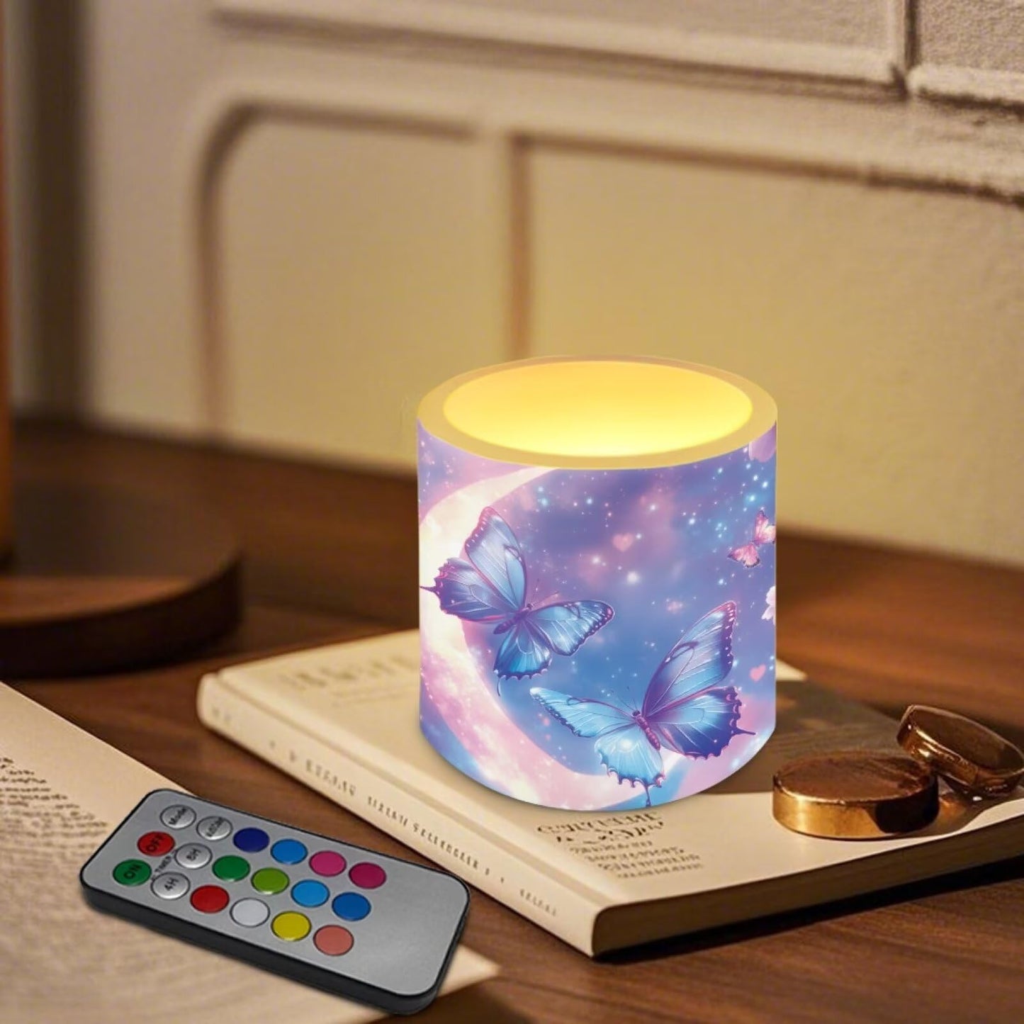 NETILGEN 4 Packs Flameless Candles with Remote Timer Color Changing 3 inch Flickering Flameless Candles with Battery Operated Moon Blue Butterfly Print