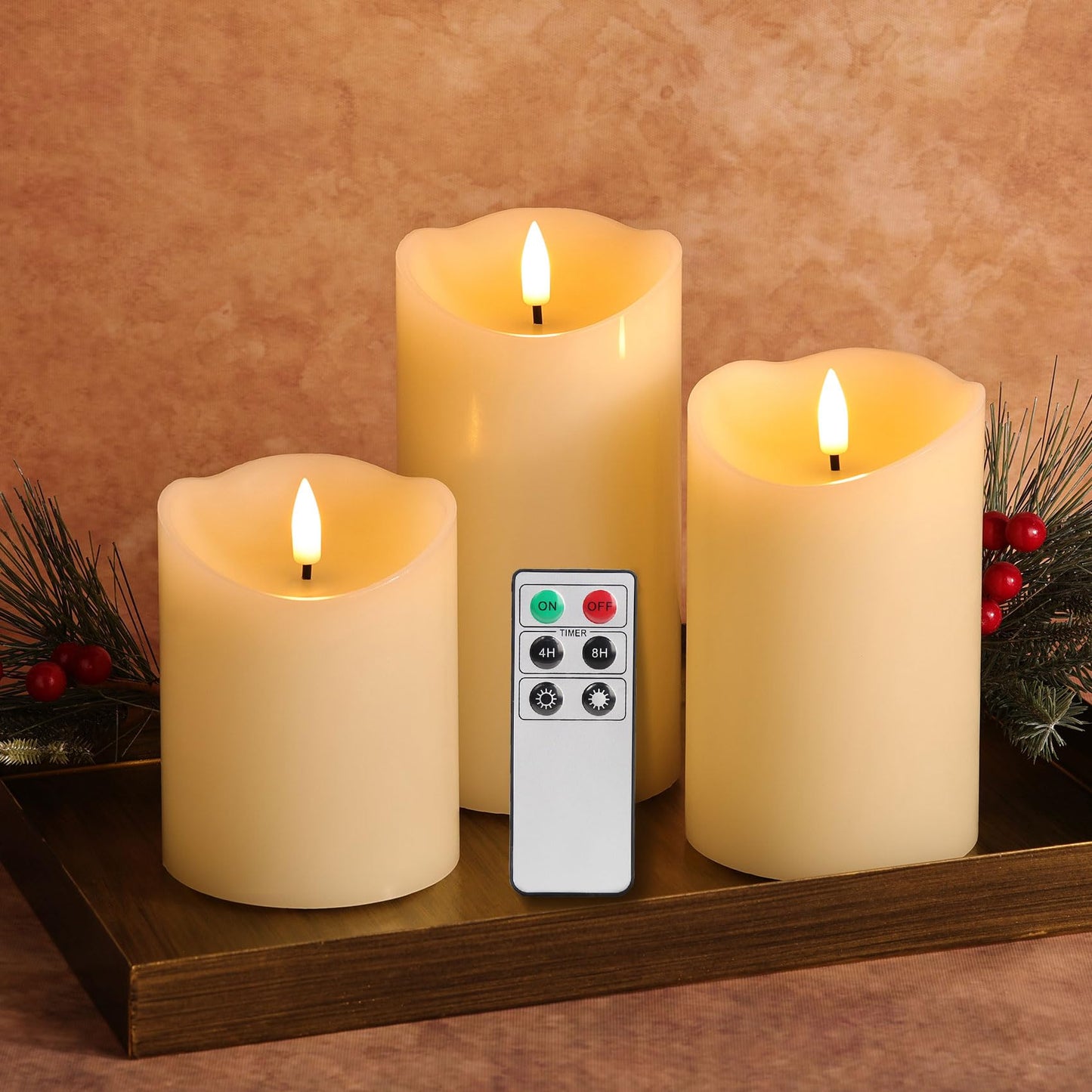 Girimax Ivory Flameless Pillar Candles with Remote, LED Candles Battery Operated, Real Wax Electric Candles Flickering Set of 3