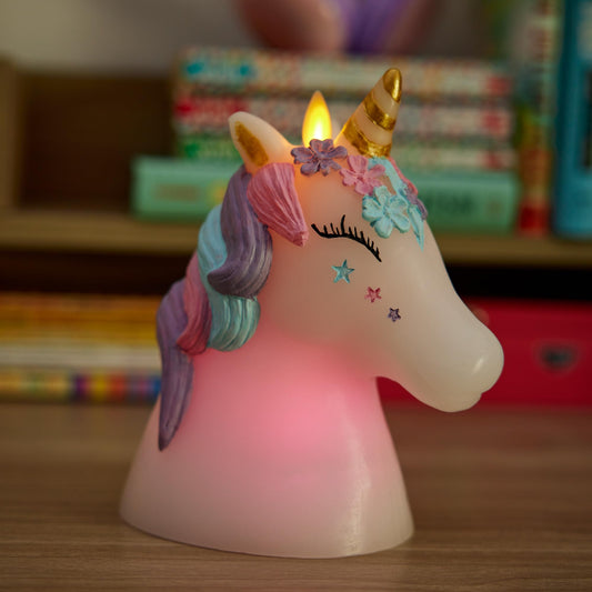 Luminara Flameless Unicorn Figural Color Changing LED Candle, 6.3" x 6.7", Battery Operated w/ 18 Button Remote Control, Real Wax, Unscented Safe
