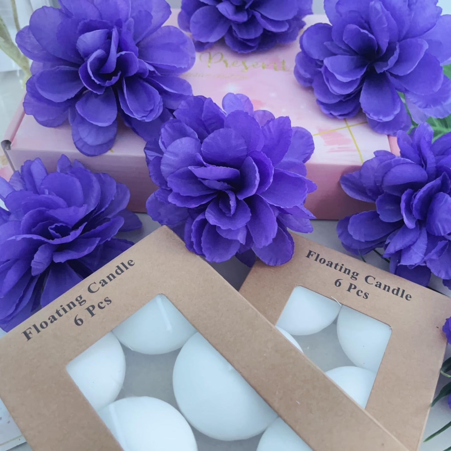 ZJGXH 24 Pcs Floating Candles for Centerpieces and Floating Flowers Vase Fillers for Centerpieces Artificial Purple Flowers for Wedding Table Party Home Decoration