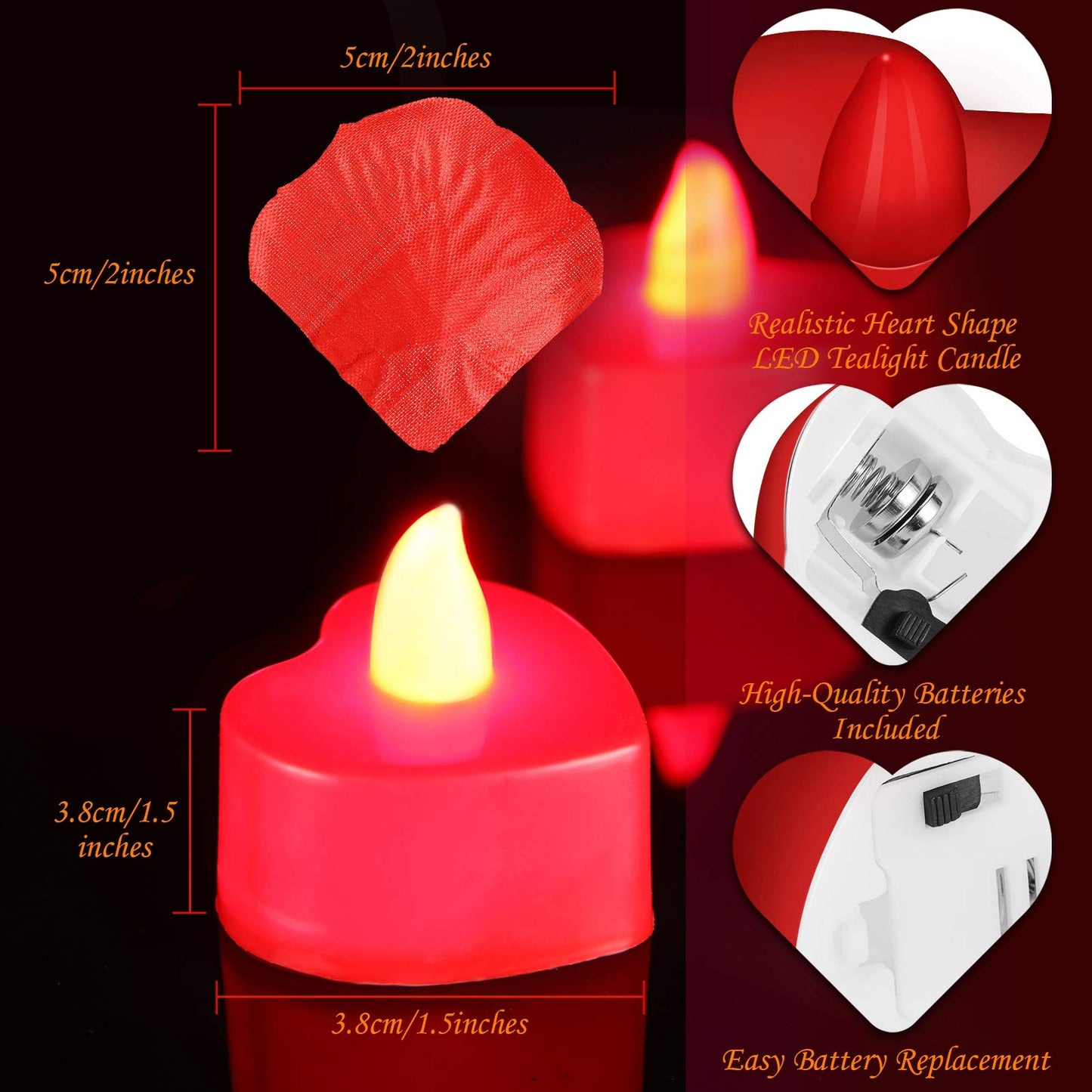 Honoson 1000 Pieces Artificial Rose Petals with 24 Pcs Flameless Heart Shaped LED Tealights Candles Special Romantic Night Decorations for Proposal Wedding Anniversary Table Decor(Red)