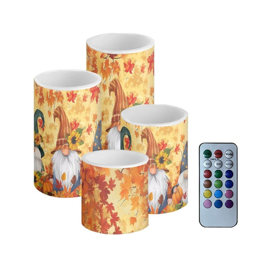 NETILGEN Thanksgiving Day Decor Flameless Candles Set of 4, Battery Powered with Timer Remote LED Pillar Candles Maple Leaf Gnome Print