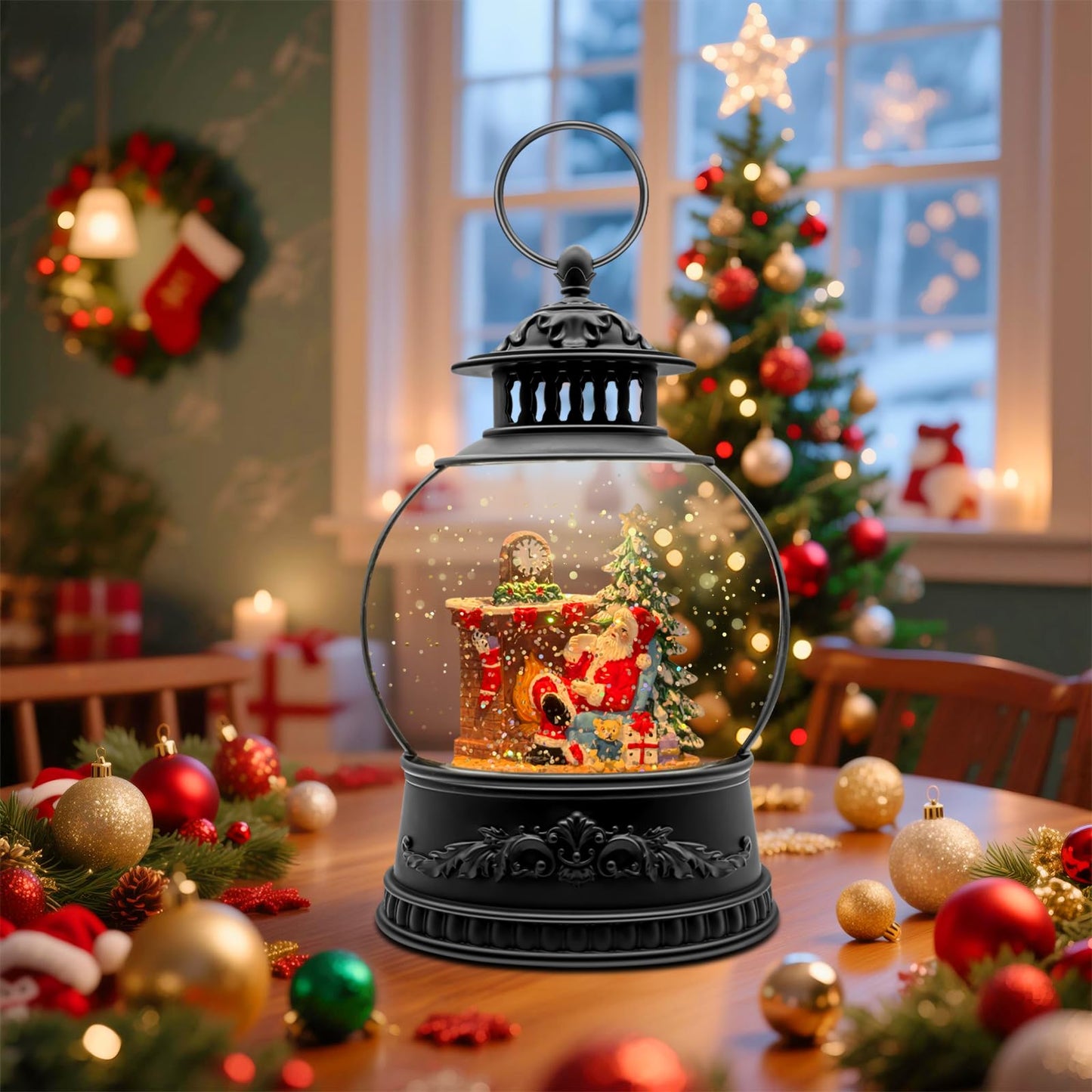 Christmas Snow Globe, Christmas Decorations Indoor, Glittering Santa Snow Scene with Music and 6H Timer, USB Lined/Battery Operated, Christmas Lantern for Holiday Decorations, Tabletop Decor for Home