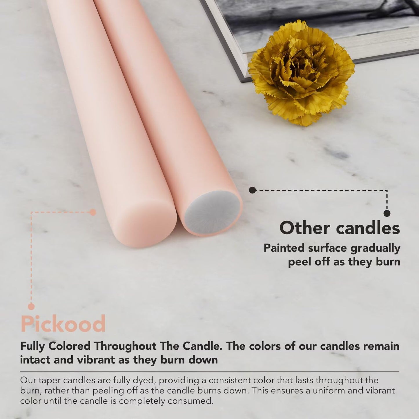 Pickood 12-Inch Tall Dripless Taper Candles Set of 4 - Pearl Pink Tapered Candles, Perfect for Christmas - Smokeless, Unscented, Long Burning - Hand Poured, Colored Tall Candlesticks - Rosa Perla
