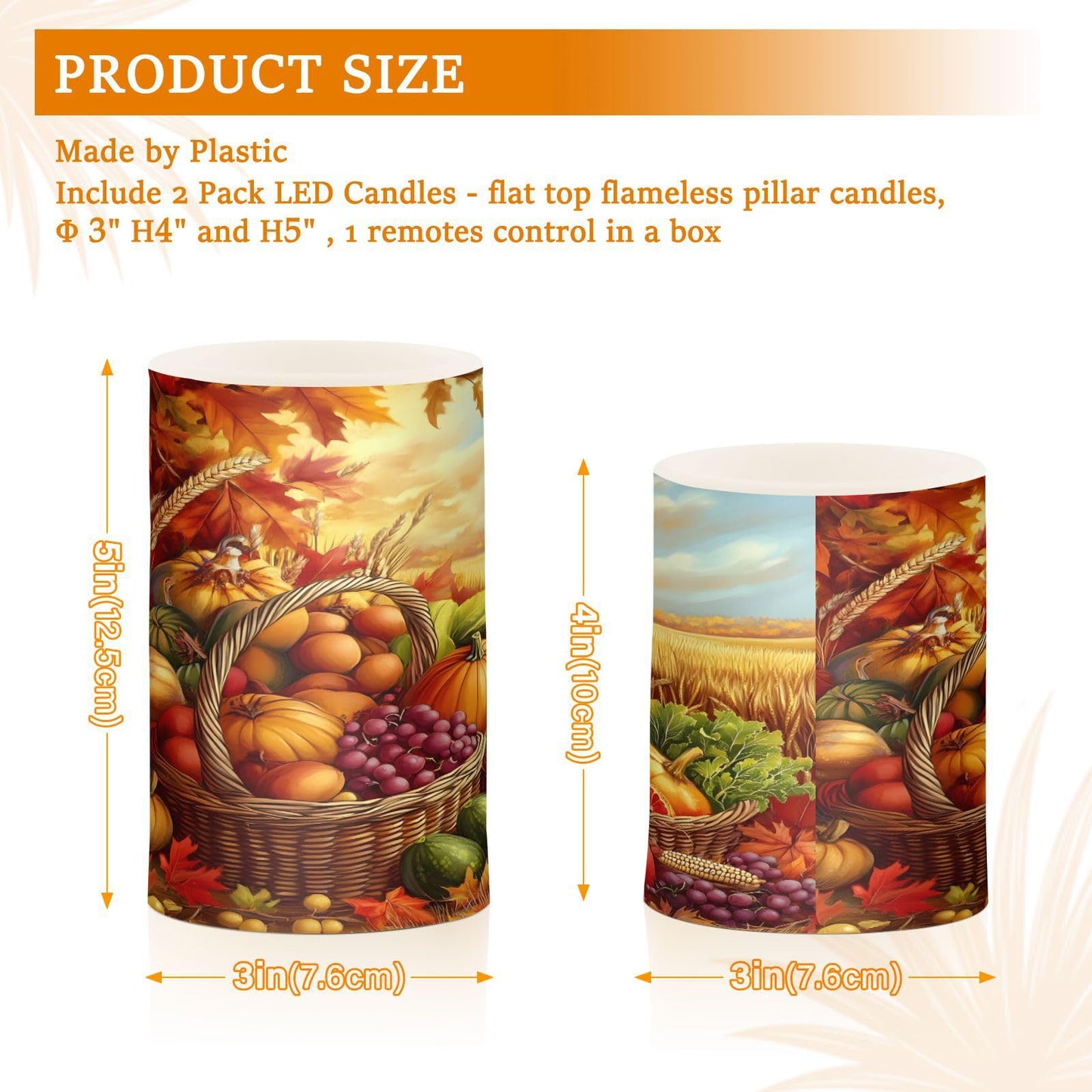 Thanksgiving Autumn Fall Harvest Flickering Flameless Candles Battery Operated with Remote Timer,Tea Light Candles LED Pillar Votive Candles Set of 2 for Outdoor Indoor Decorations