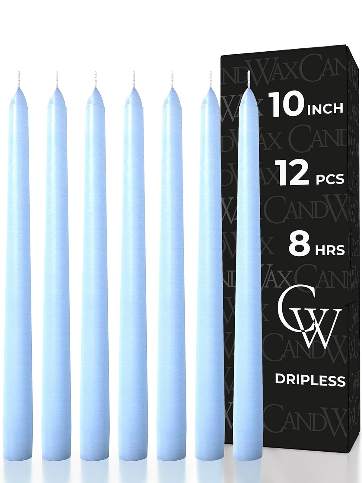 CANDWAX Light Blue 10 inch Taper Candles Set of 12 - Unscented Smokeless Dripless Tall Candlesticks - Perfect for Special Occasions, Ordinary Dinners and as Easter Candles - Light Blue Candle Sticks