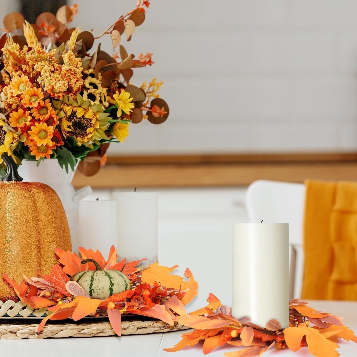 6 Pcs Mini Fall Wreaths Thanksgiving Table Centerpieces Fall Candle Rings 9 Inch Maple Leaf Wreaths for Cabinets Farmhouse Autumn Wreath for Front Door Porch Wall Window Decorations