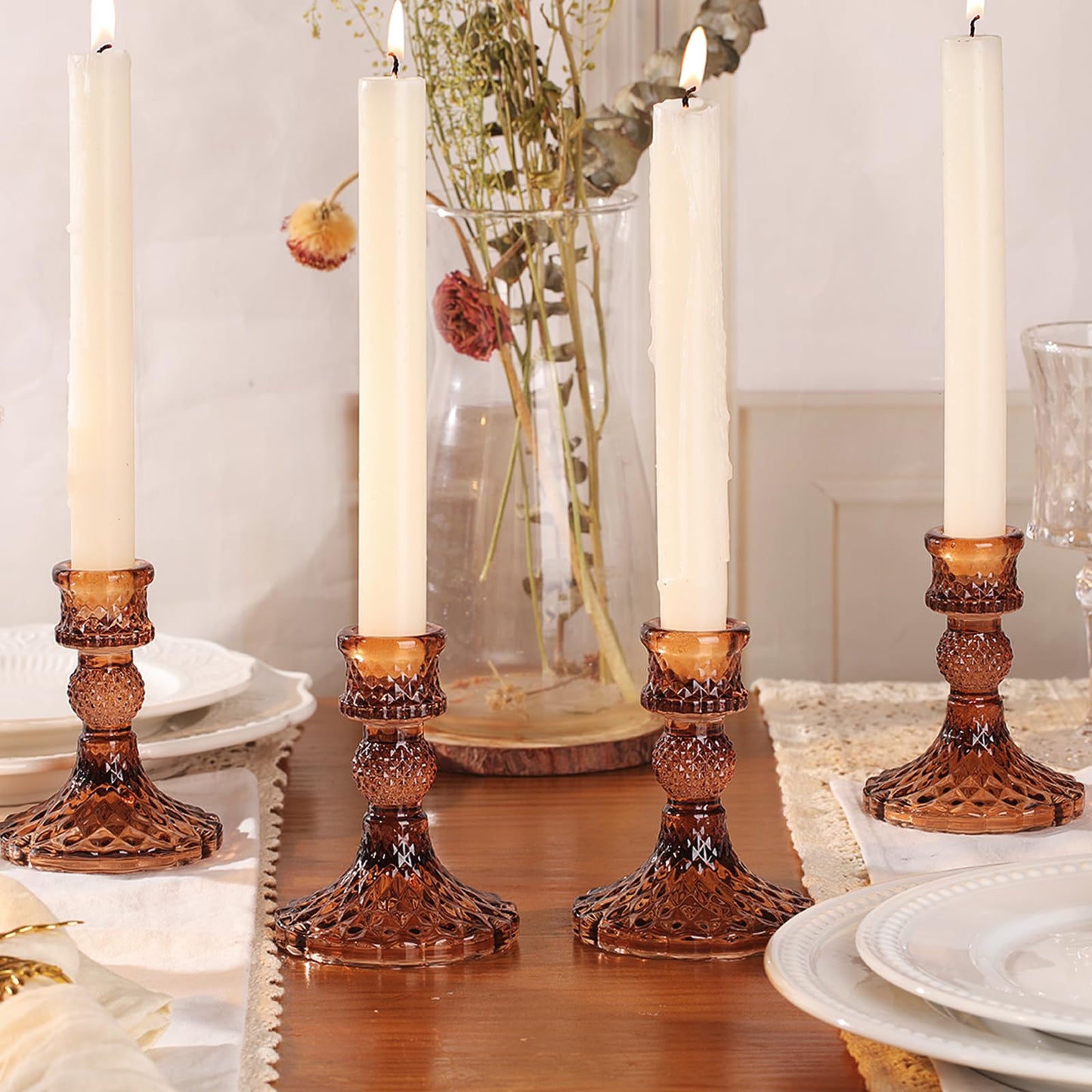 12Pcs Amber Candlestick Holders Set- 4" H Taper Candle Holders Bulk, Glass Candle Holders for Wedding, Party, Fall Dinner Table Centerpieces, Festival Gifts & Windowsill Decor
