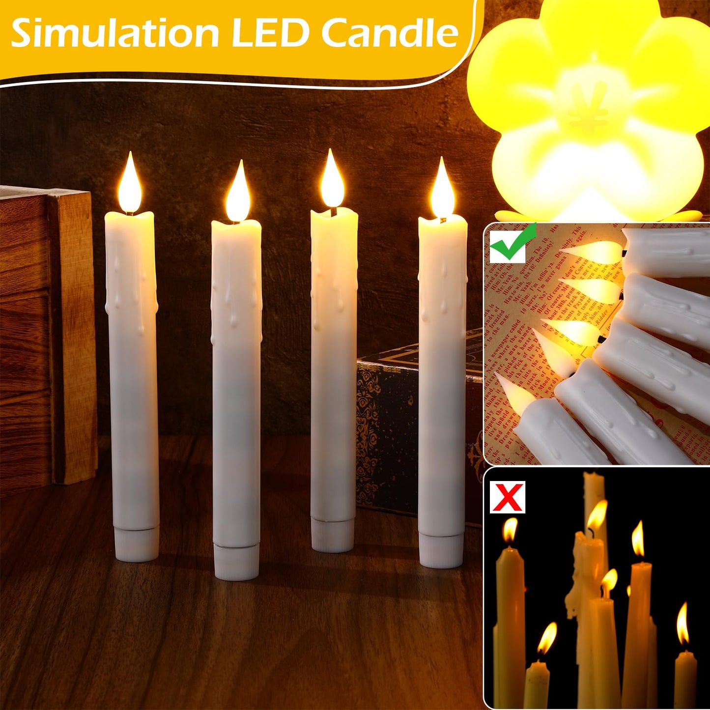Baquler 50 Pcs 7.7 Inch White Flameless Taper Candles Dripless Battery Operated LED Flickering Candlesticks Window Candle with 3D Flickering Flame for Easter Home Wedding Church Decor
