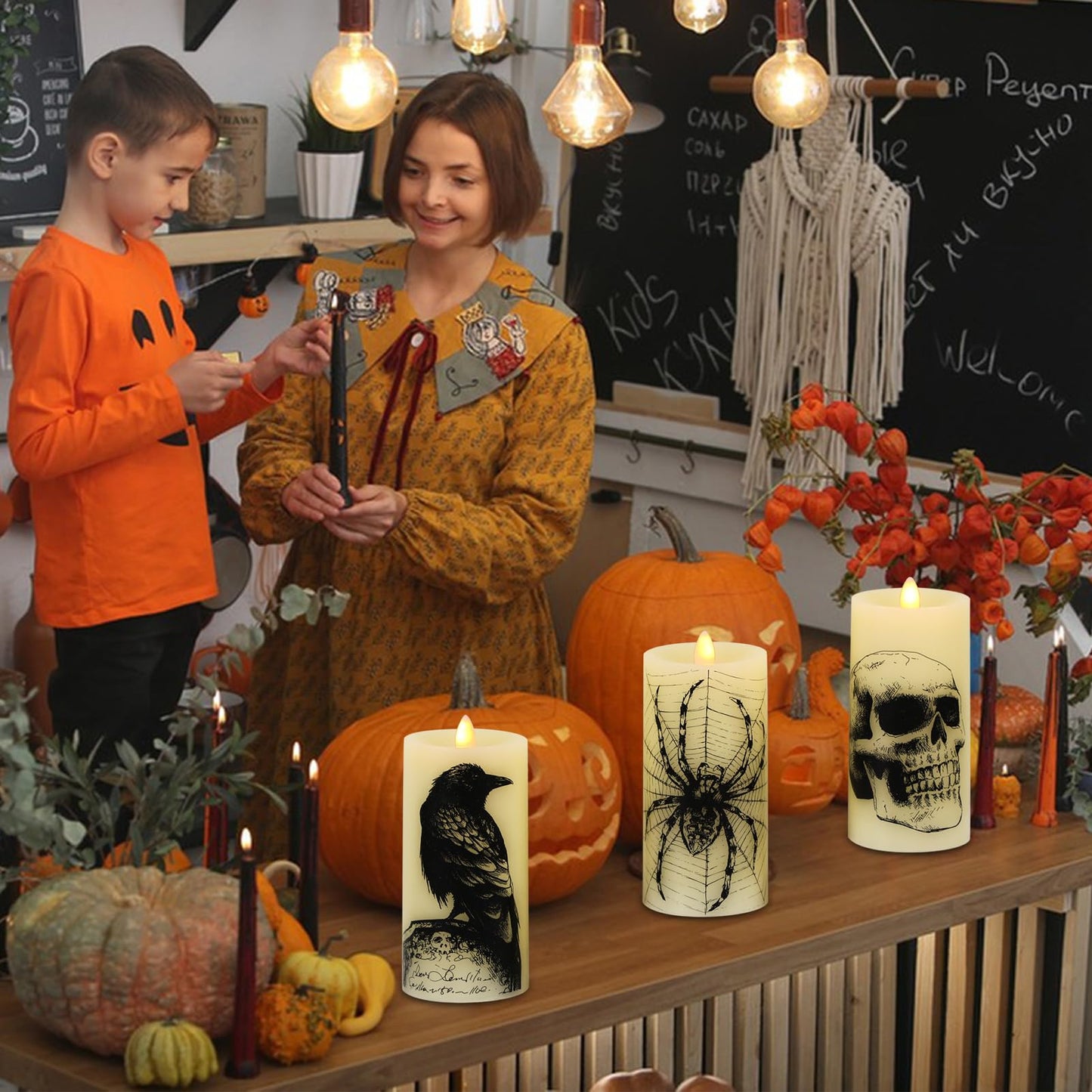 Eldnacele Halloween Flickering Candles with Skull, Spider Web, Crow, Raven Decals, Set of 3 Flat Wick Battery Operated Halloween Themed LED Candles with Remote Timer Spooky Decor