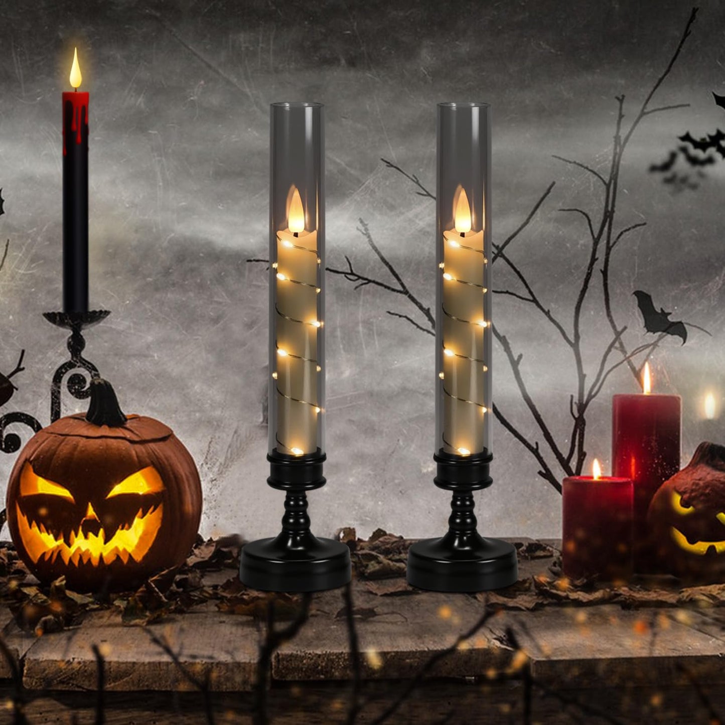 GenSwin Halloween Flameless Taper Candles with Remote and String Lights, Black Halloween Flameless Candles Battery Operated, 2 Pcs LED Flickering Candlesticks for Home Window Table Decor(D2.2”xH10”)